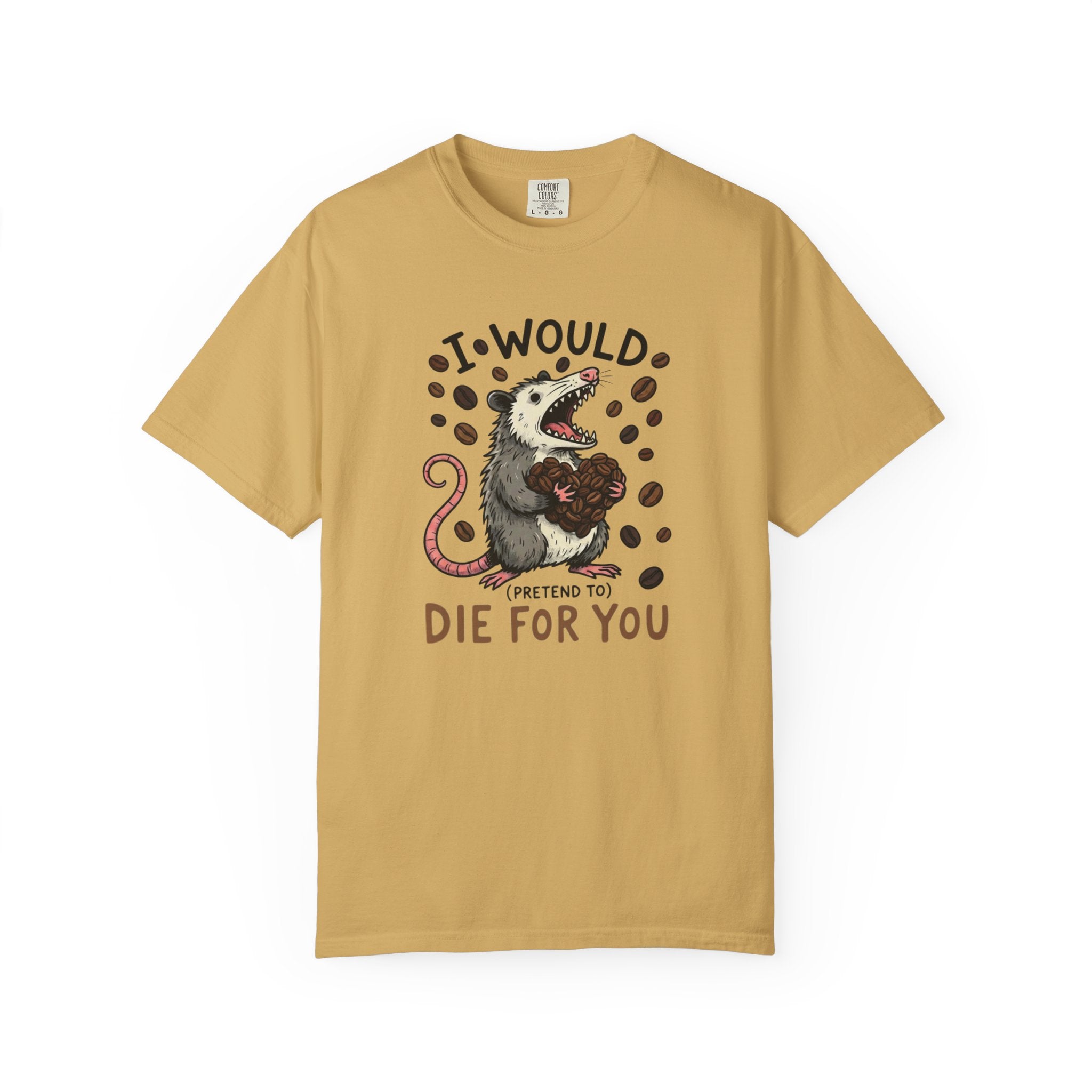 A mustard yellow cotton t-shirt featuring a graphic of an opossum holding a heart of coffee beans.