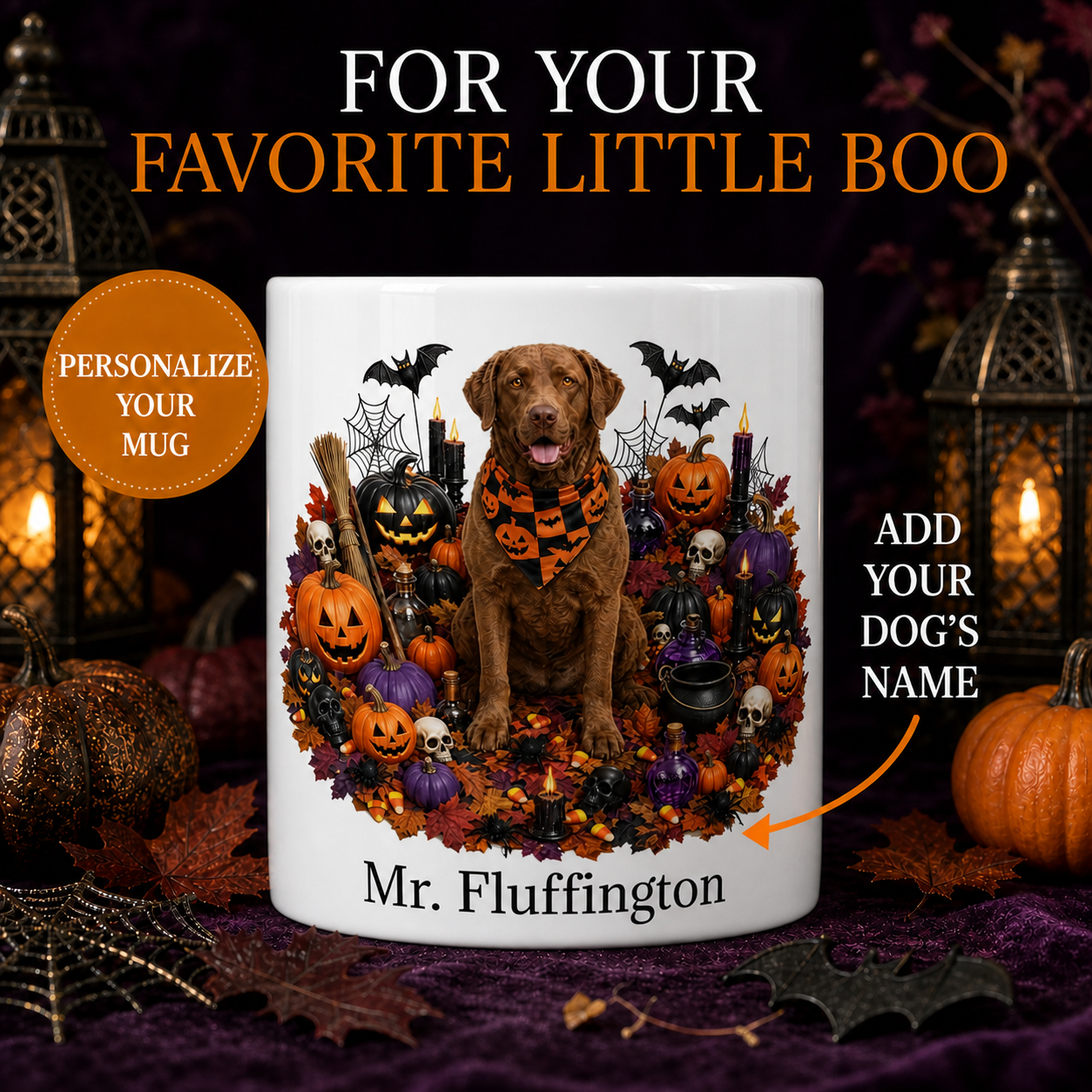 Personalized Chesapeake Bay Retriever Halloween Mug – Custom Name Gift – front view with no handle