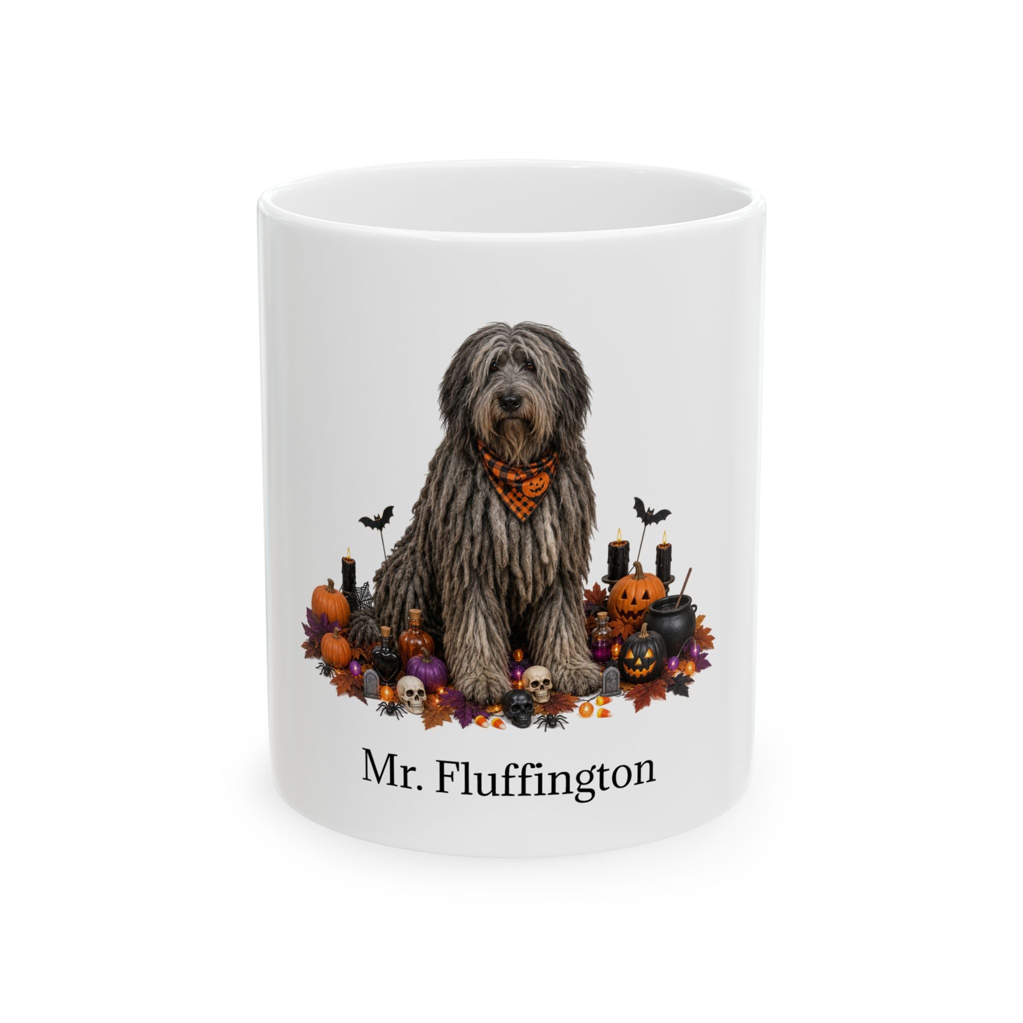 Personalized Bergamasco dog ceramic coffee mug with Halloween artwork and custom name — image 2