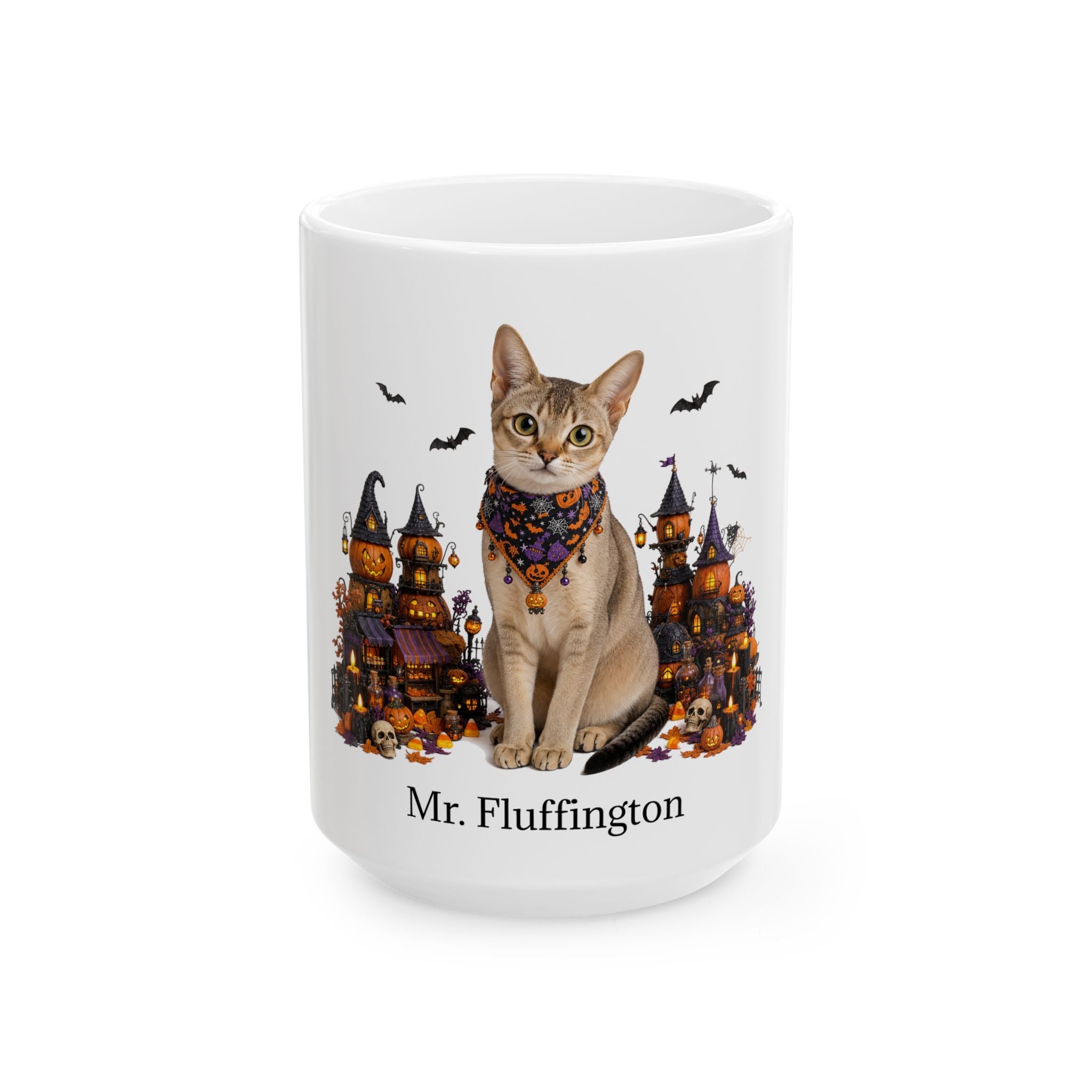 Angled Singapura cat Halloween mug with personalized pet name and fall design — image 3