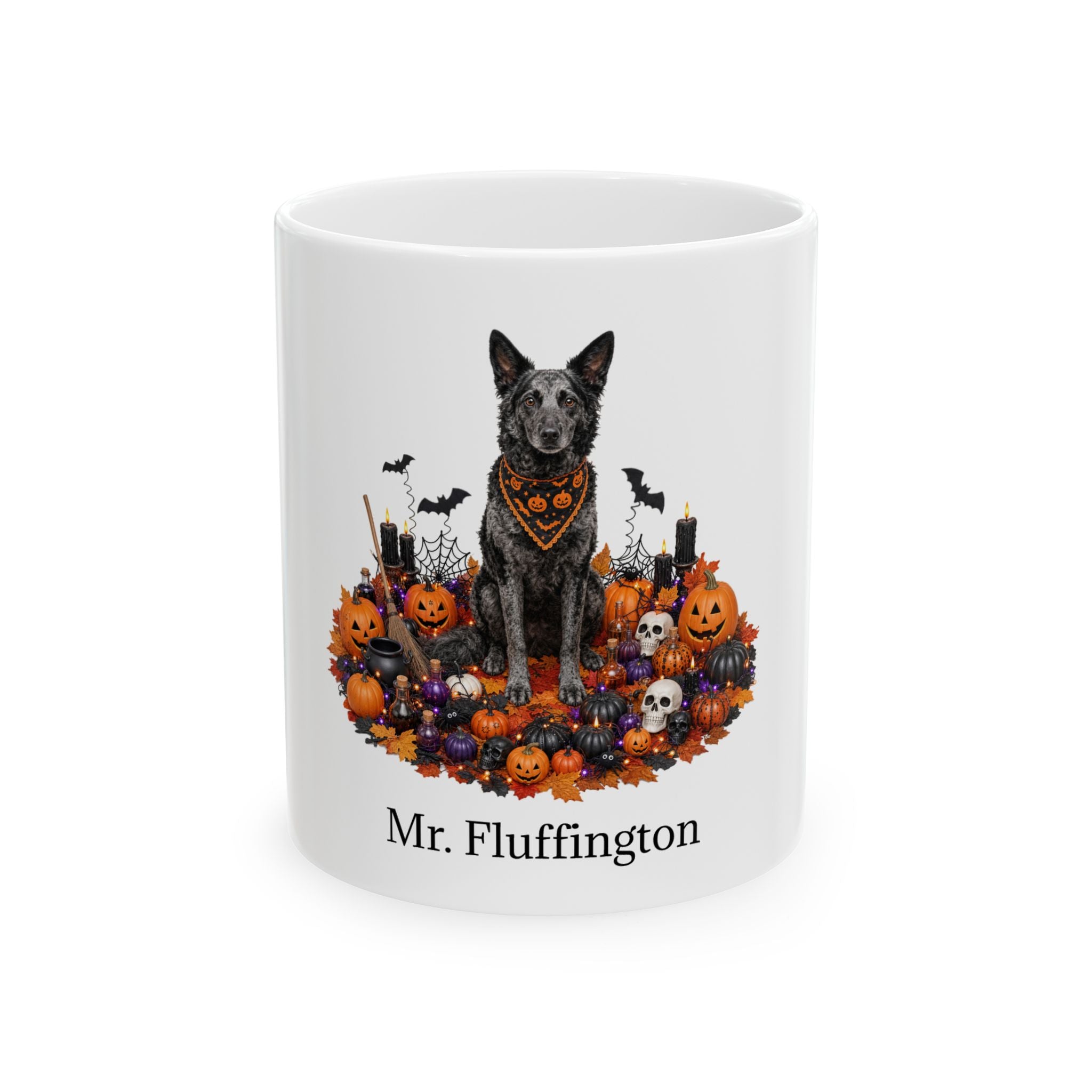 Personalized Mudi Halloween mug with custom dog name, front product view