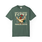 Green crewneck t-shirt featuring a graphic of a rooster wearing sunglasses and a baseball cap.