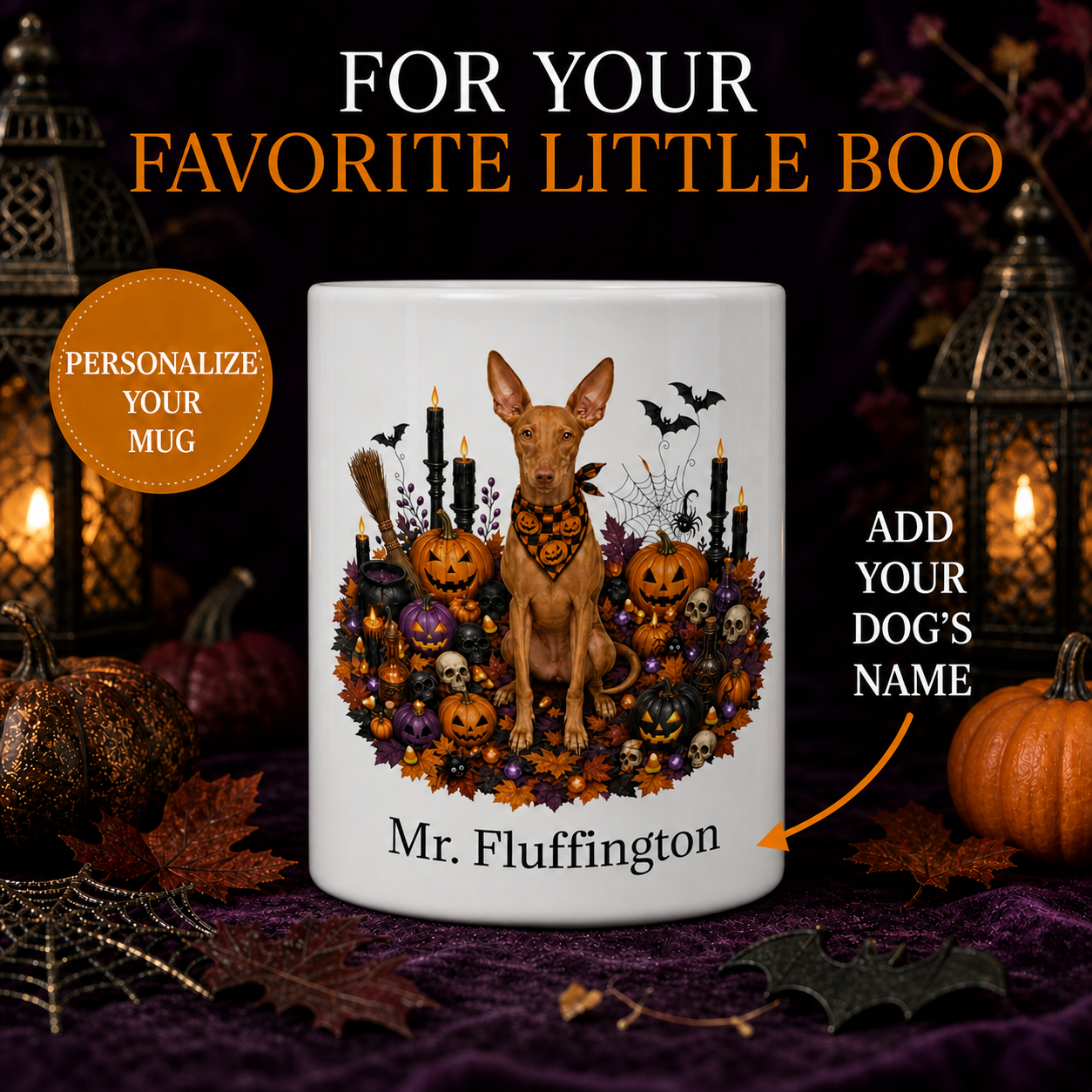 Personalized Cirneco dell’Etna Halloween Mug – Custom Dog Name Gift – front view with no handle