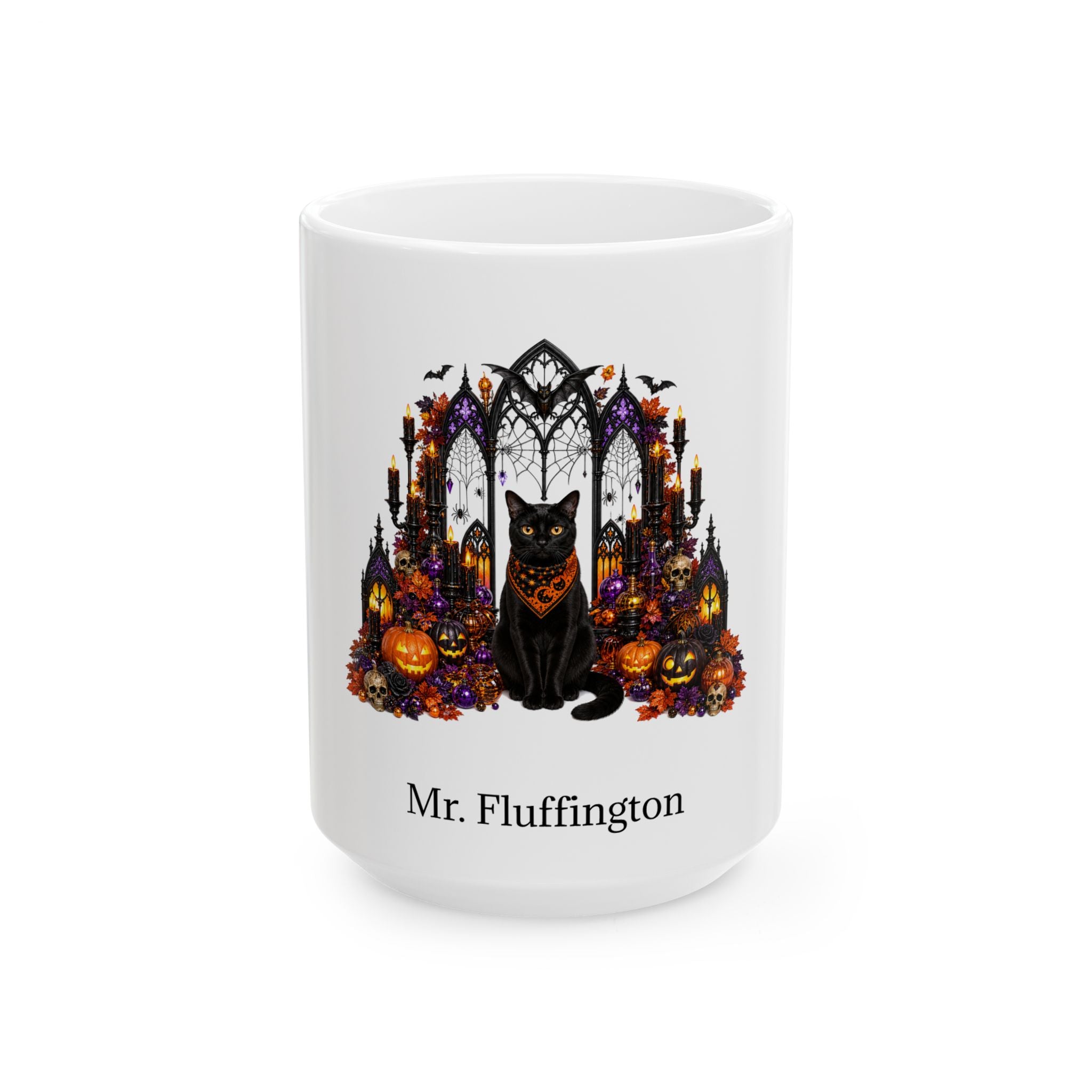 Personalized Bombay cat Halloween mug, 15oz white ceramic, with custom pet name on front