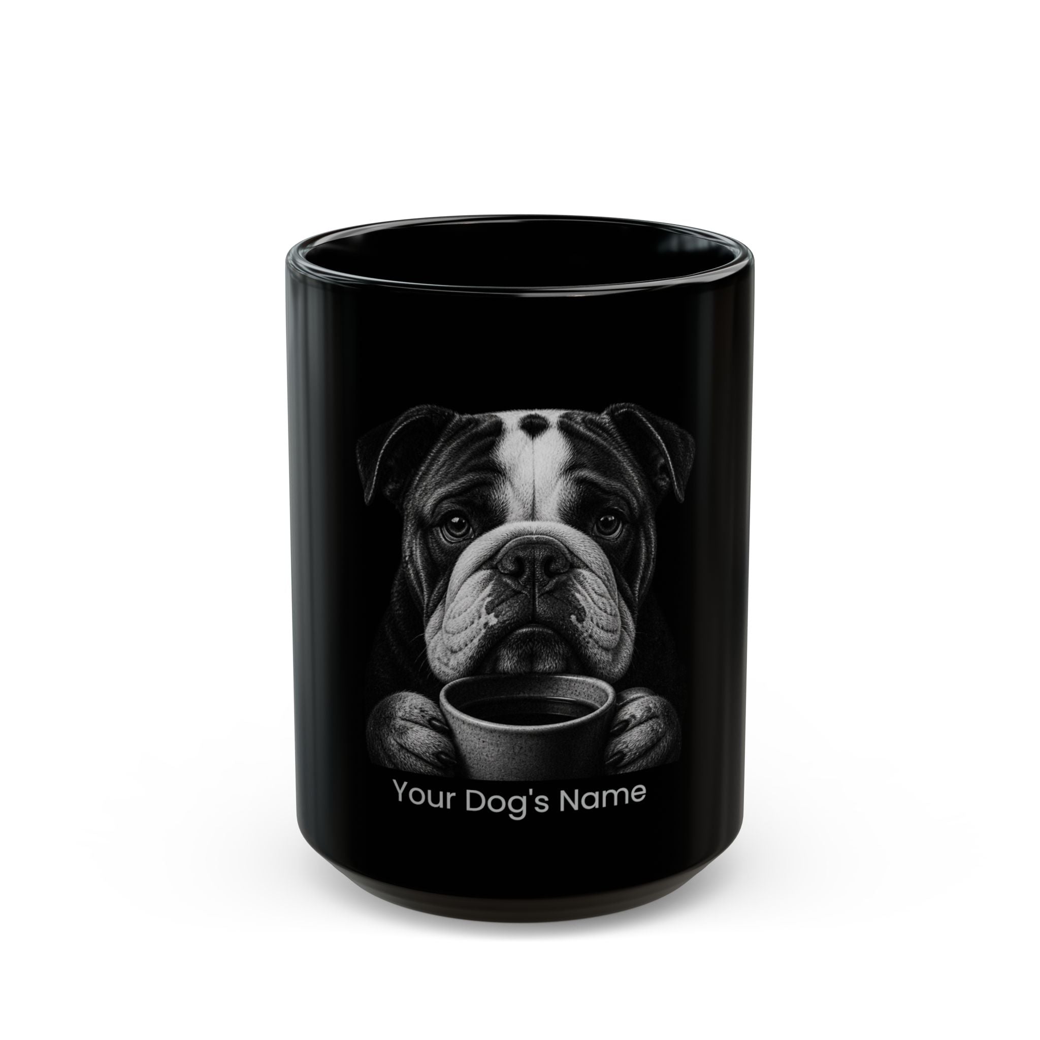 Personalized Boston English Bulldog black ceramic coffee mug with custom dog name