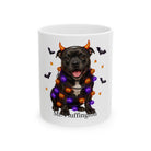 Personalized Staffordshire Terrier dog Halloween mug, 15oz white ceramic, with custom pet name on front