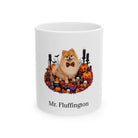 Personalized Pomeranian dog Halloween mug, 11oz white ceramic, with custom pet name on front