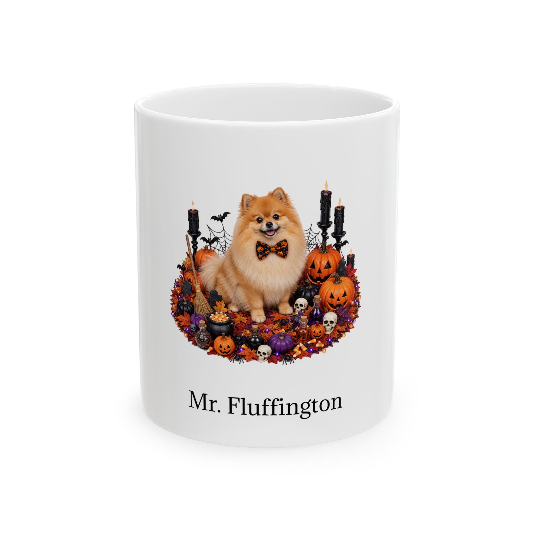 Personalized Pomeranian dog Halloween mug, 11oz white ceramic, with custom pet name on front