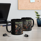 Two black ceramic mugs featuring a Grim Ripper sewing illustration on a desk with office supplies.
