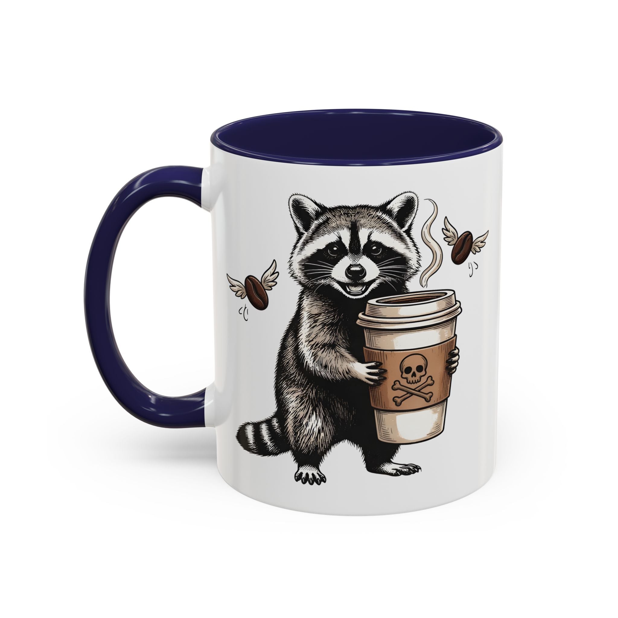 White ceramic mug with a blue handle and interior, featuring a raccoon holding a coffee cup.