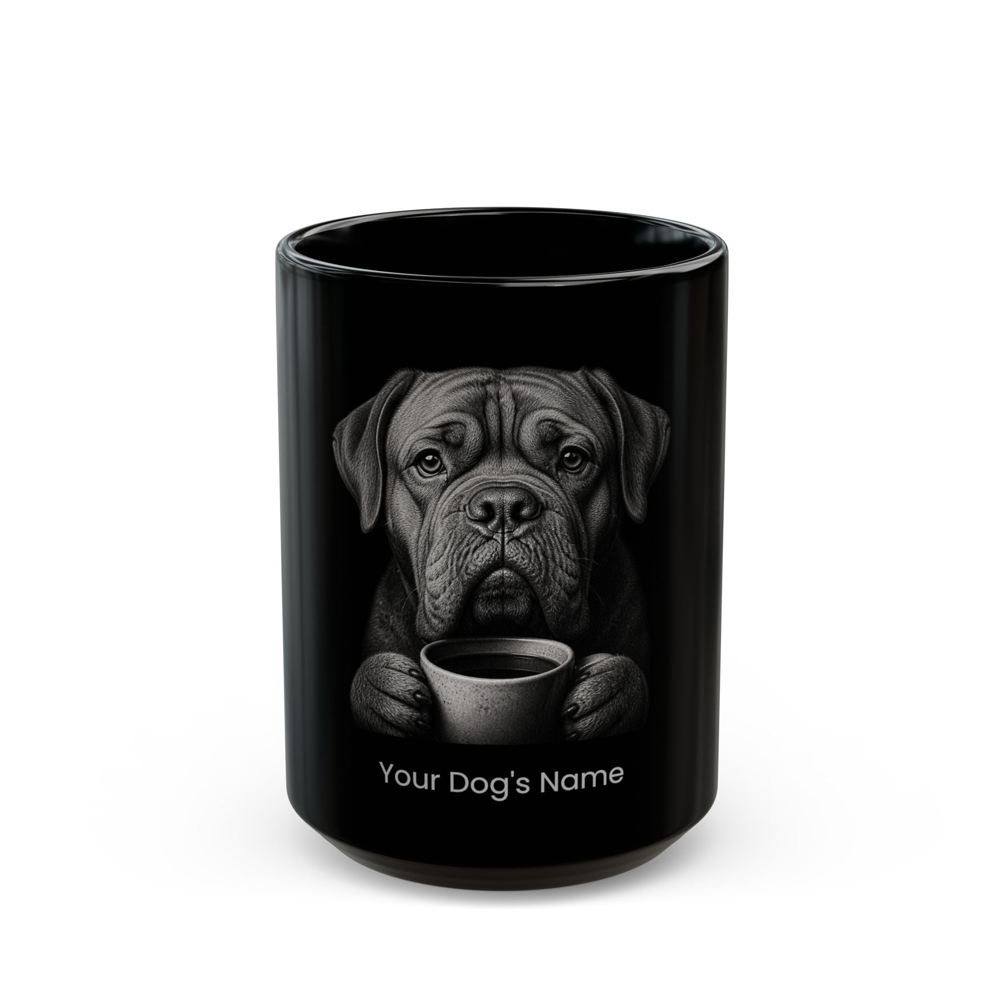 Personalized Dogue de Bordeaux black ceramic coffee mug with custom dog name