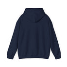A navy blue hooded sweatshirt, viewed from the back.