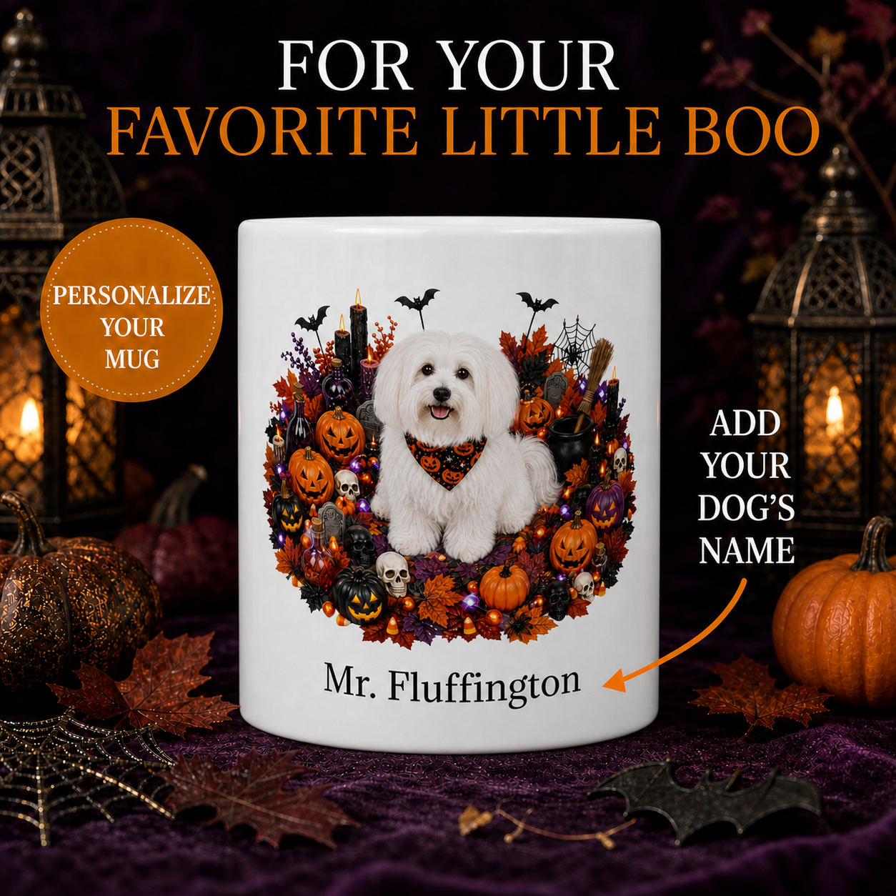 Personalized Coton De Tulear Halloween Mug – Custom Dog Name Gift – front view with no handle