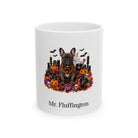 Personalized French Bulldog Halloween mug, 11oz white ceramic, with custom pet name on front