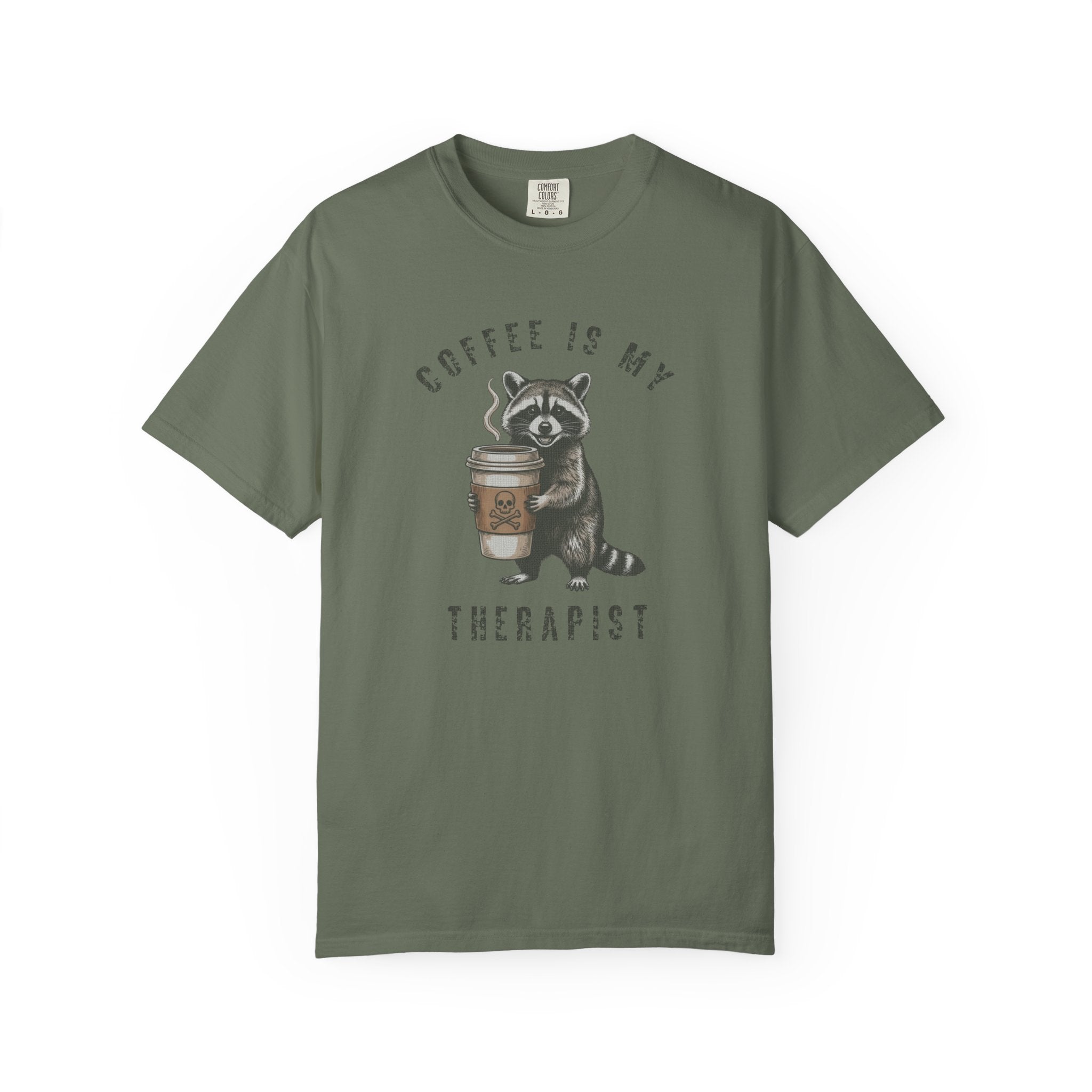Olive green unisex cotton t-shirt featuring a raccoon holding a coffee cup with a skull design.