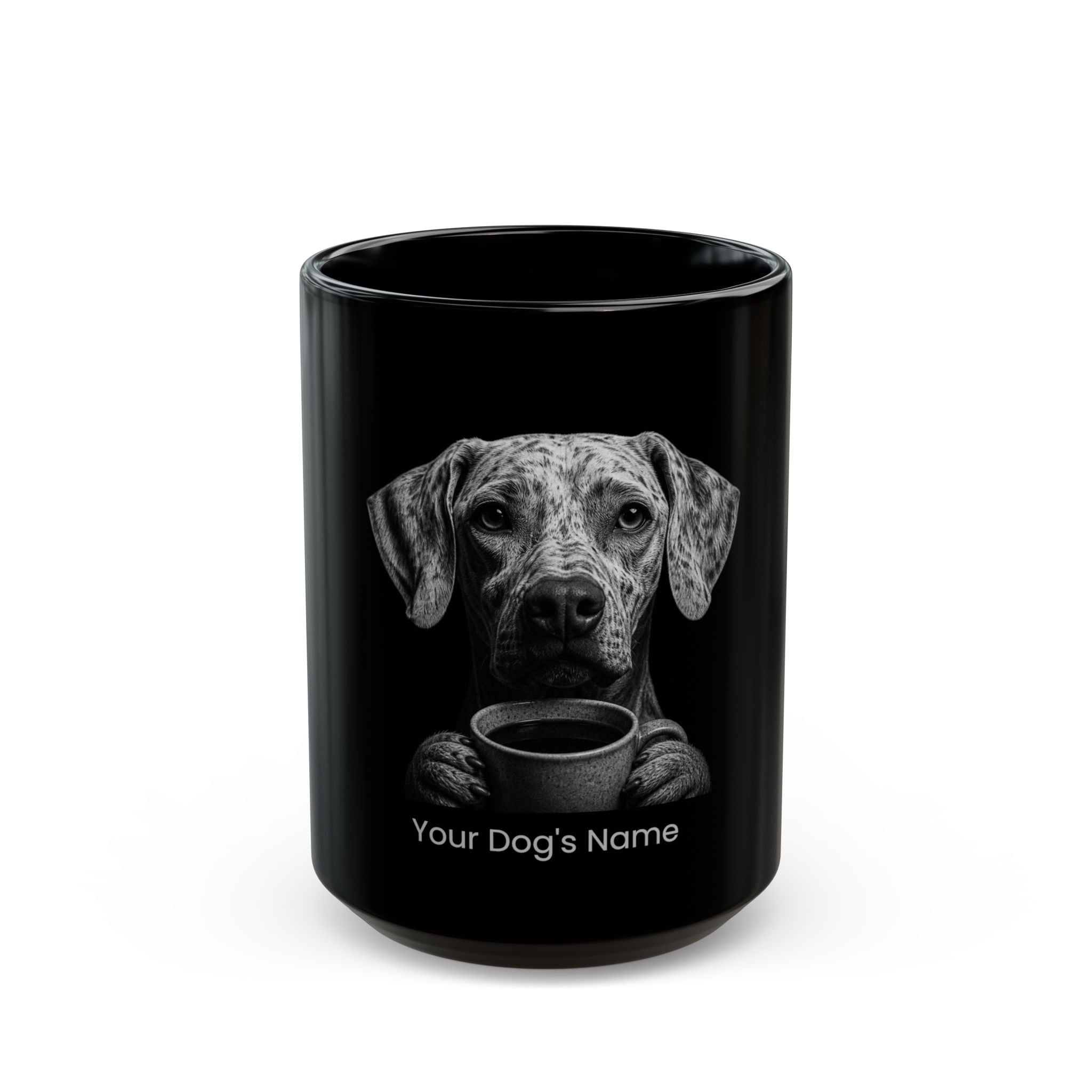 Personalized Harrier black ceramic coffee mug with custom dog name