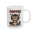 White ceramic mug featuring a fluffy kitten holding a coffee cup with the text Coffee helps me more