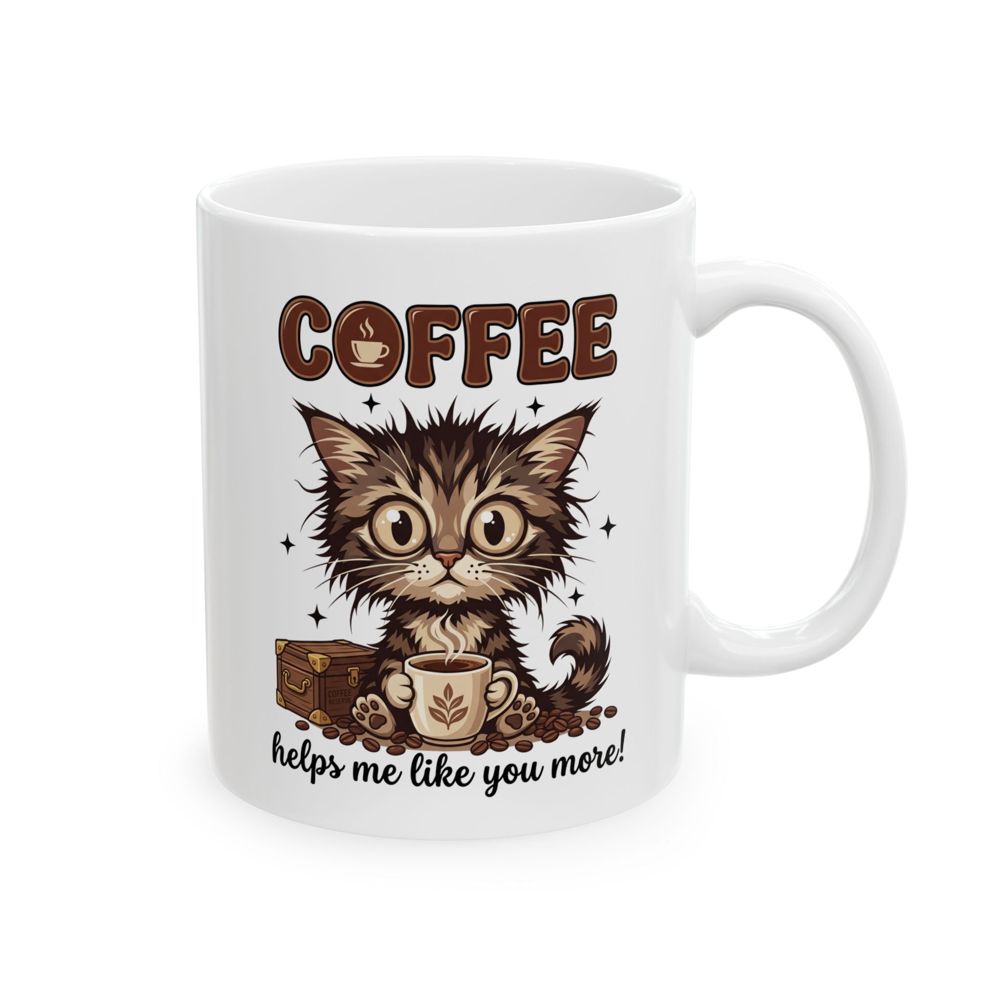 White ceramic mug featuring a fluffy kitten holding a coffee cup with the text Coffee helps me more