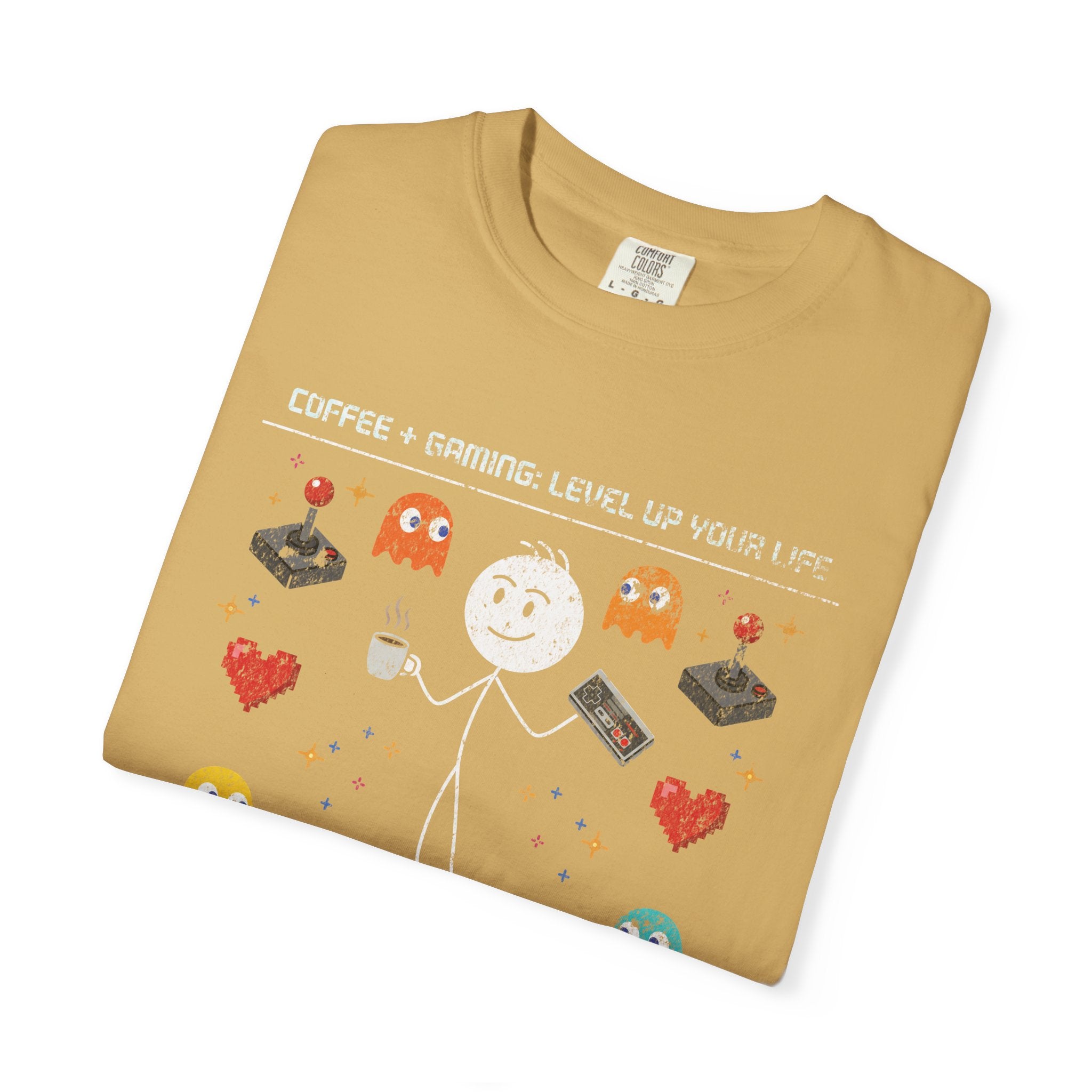 Tan t-shirt with a distressed graphic of a stick figure holding coffee and a game controller.