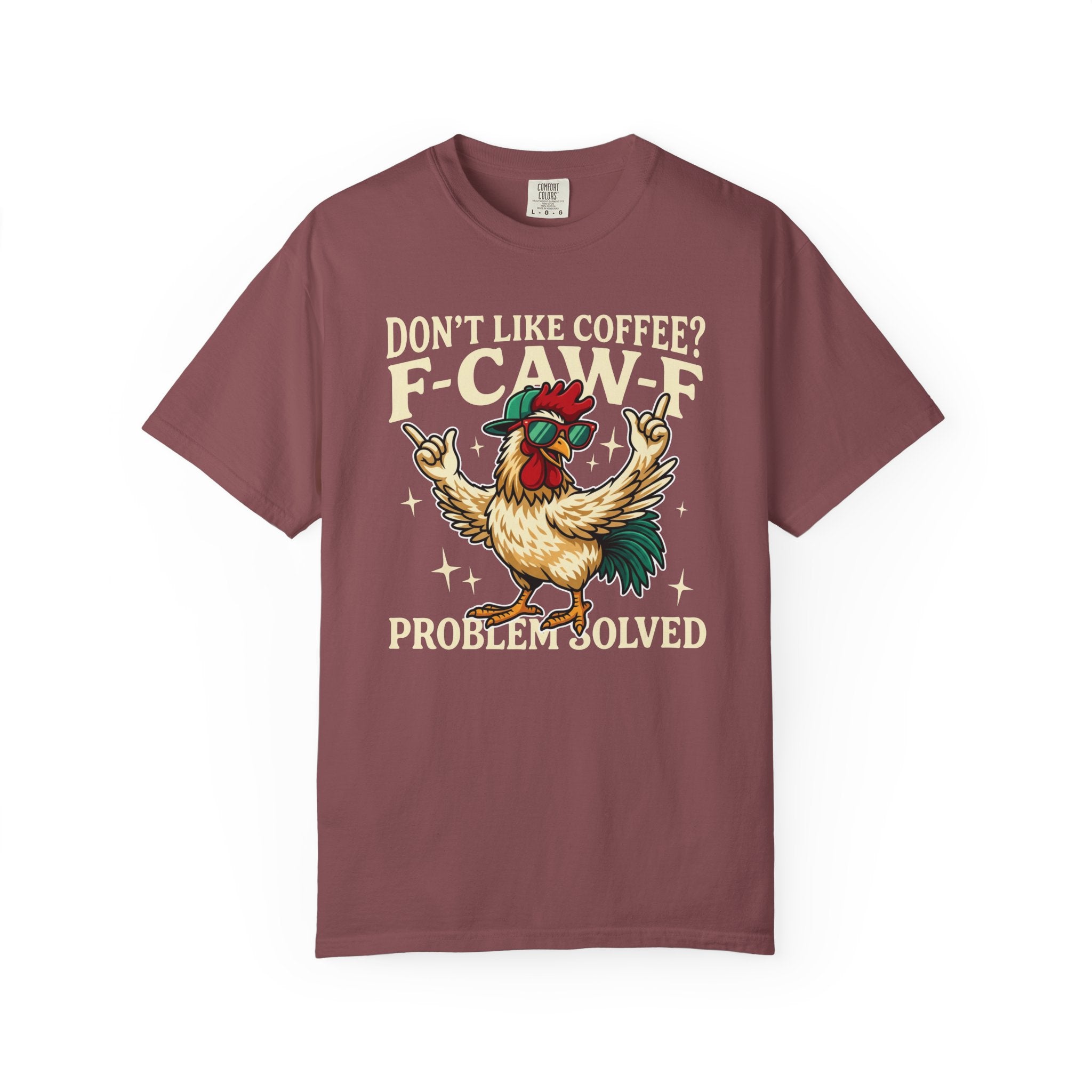 A maroon crewneck t-shirt featuring a graphic of a rooster wearing sunglasses and a cap.