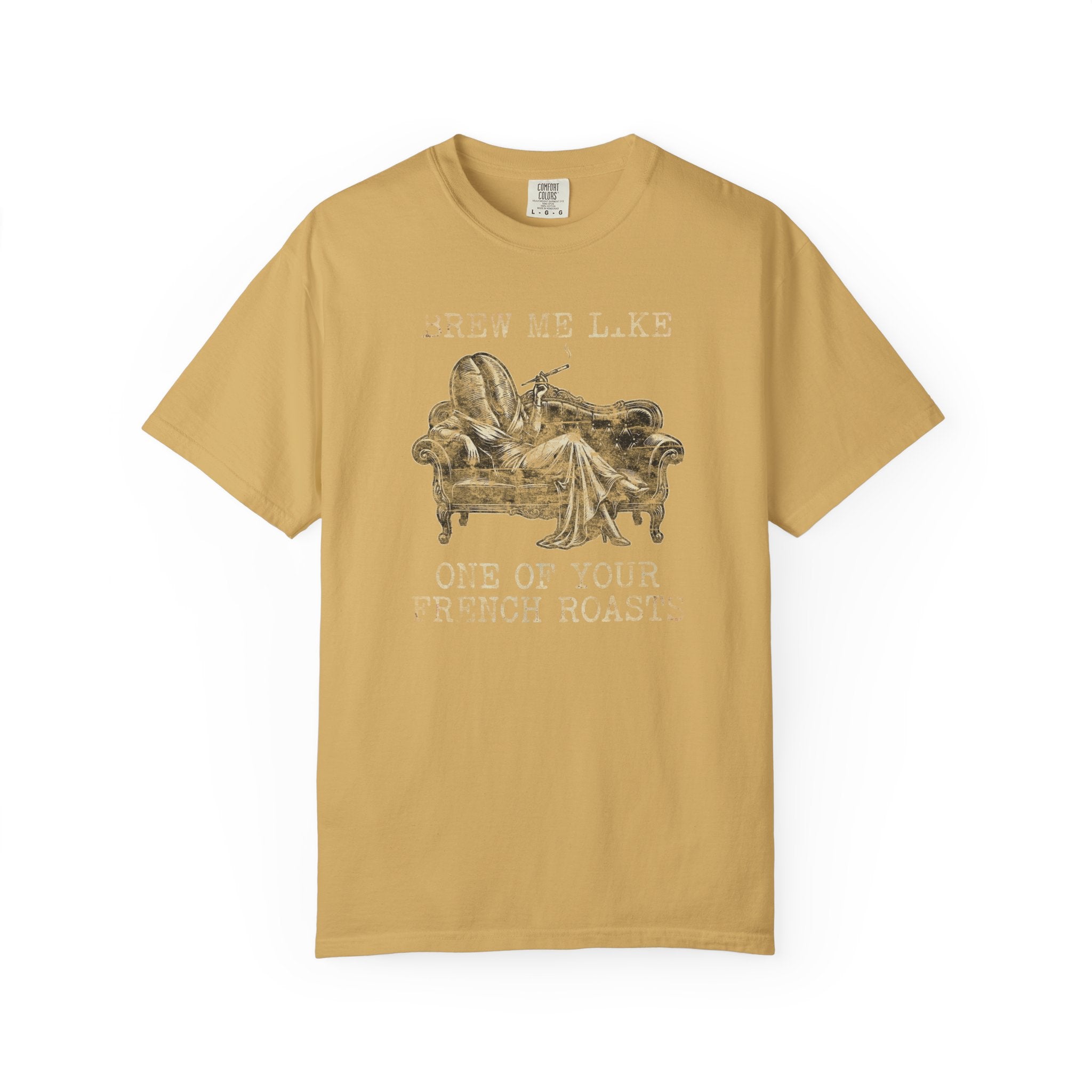 Mustard yellow Comfort Colors 1717 t-shirt with a vintage coffee bean graphic on the front.