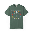 Green unisex cotton t-shirt featuring a distressed graphic of a stick figure with coffee and games.