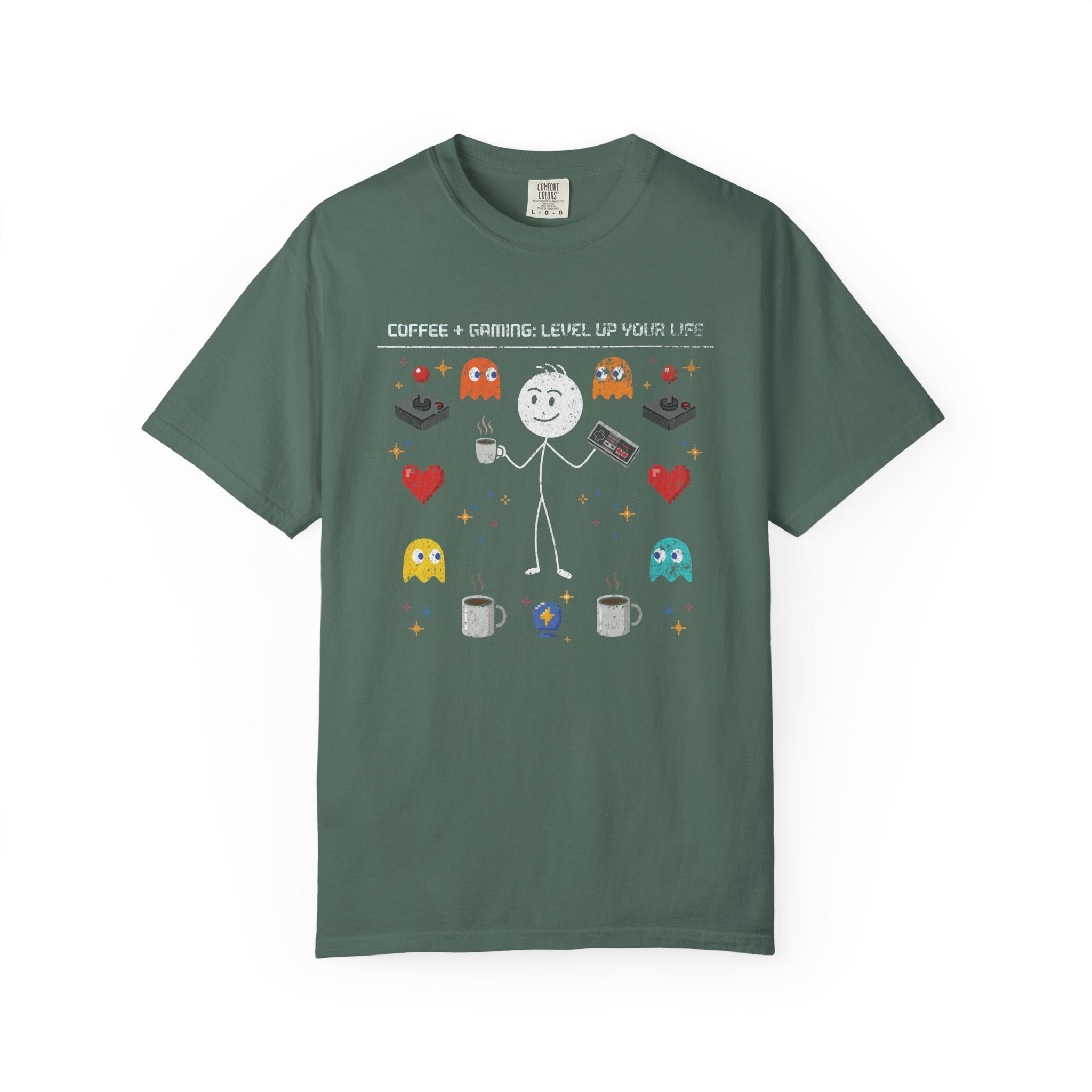 Green unisex cotton t-shirt featuring a distressed graphic of a stick figure with coffee and games.