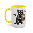 White ceramic mug with a yellow handle and interior, featuring a raccoon holding a coffee cup.