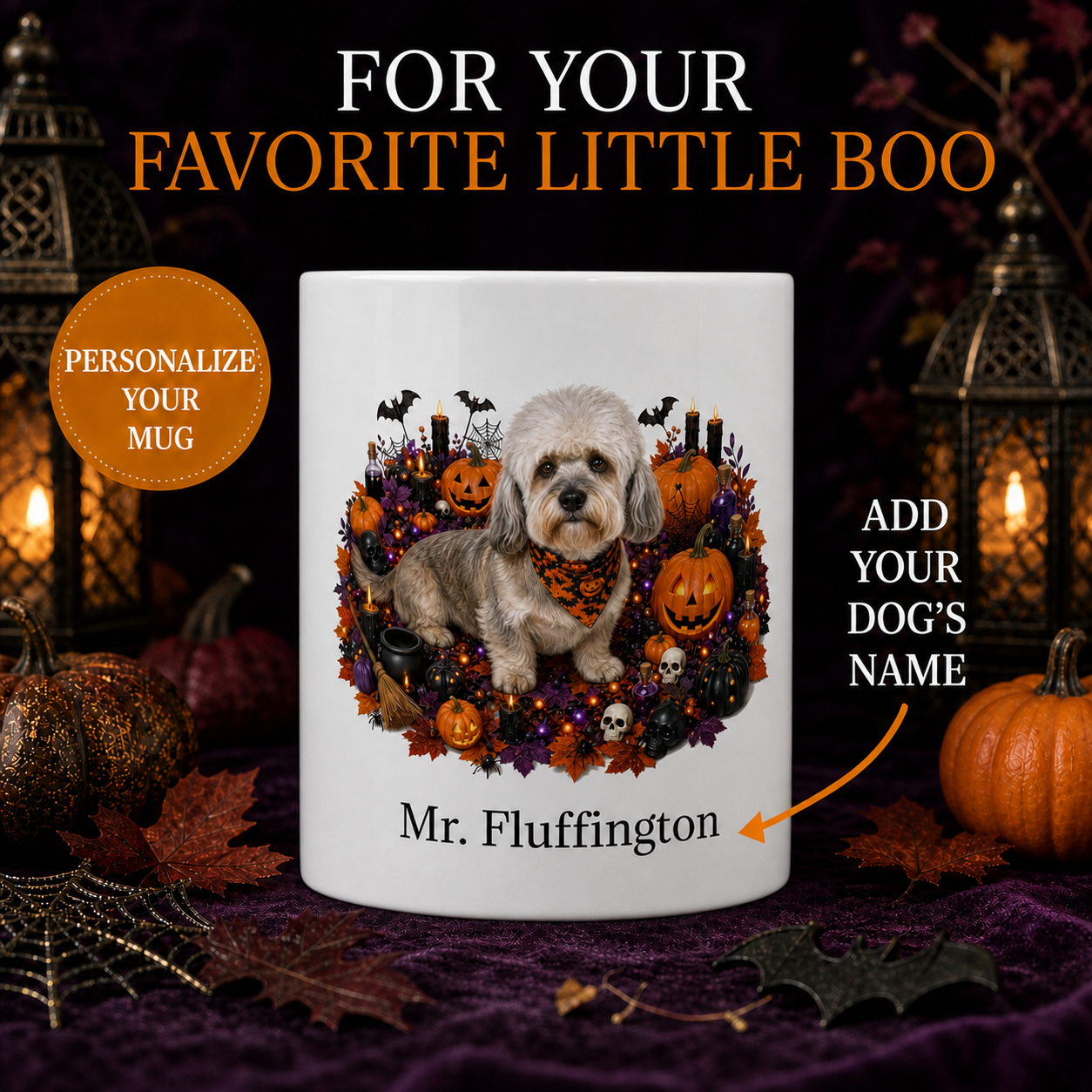 Personalized Dandie Dinmont Terrier Halloween Mug – Custom Name Gift – front view with no handle
