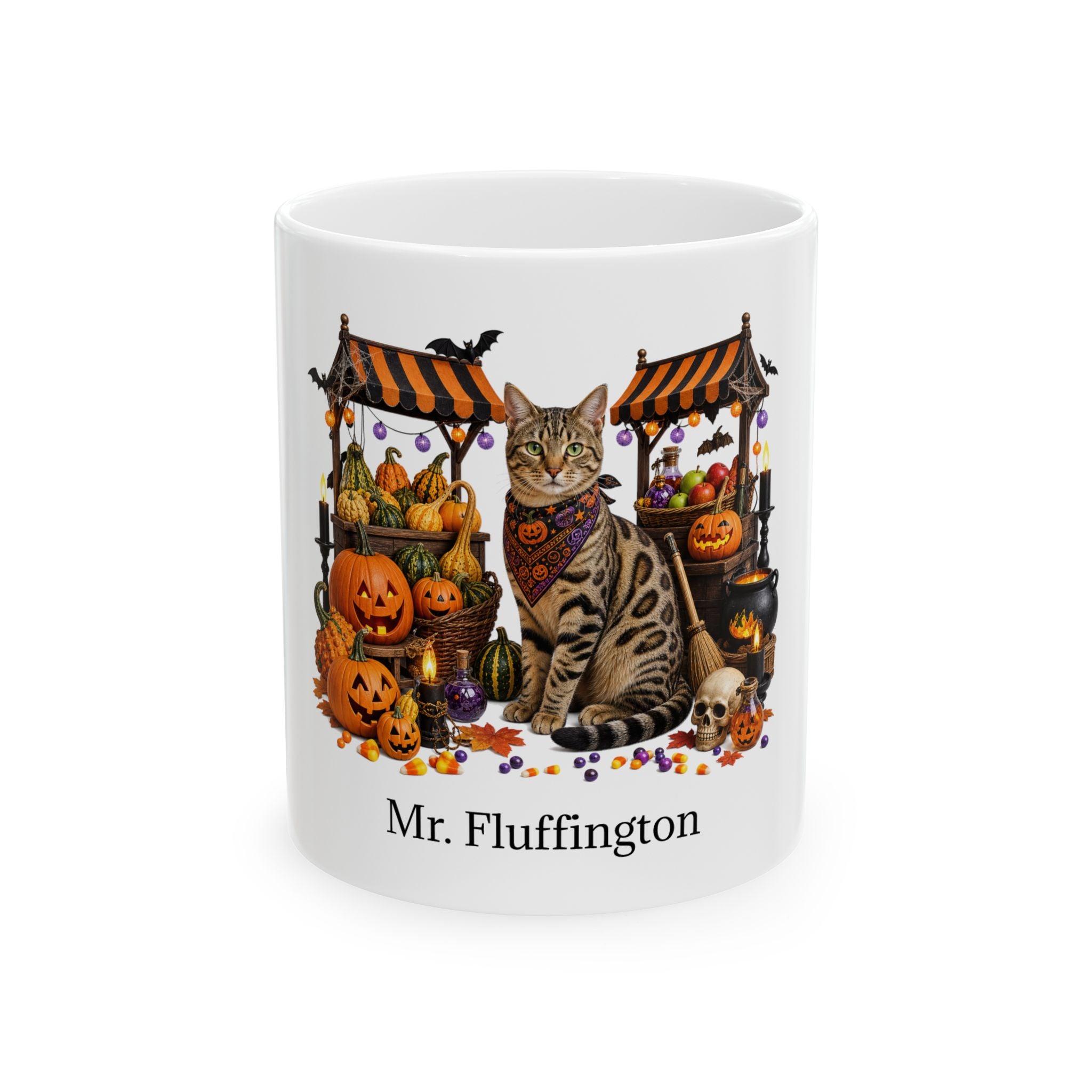 Personalized Tabby cat ceramic coffee mug with Halloween artwork and custom name — image 2