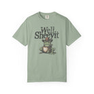 Light green unisex cotton t-shirt featuring a distressed graphic of a cowboy frog holding a mug.
