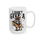 White ceramic mug featuring a cartoon mouse in a cowboy hat and boots riding a donkey.