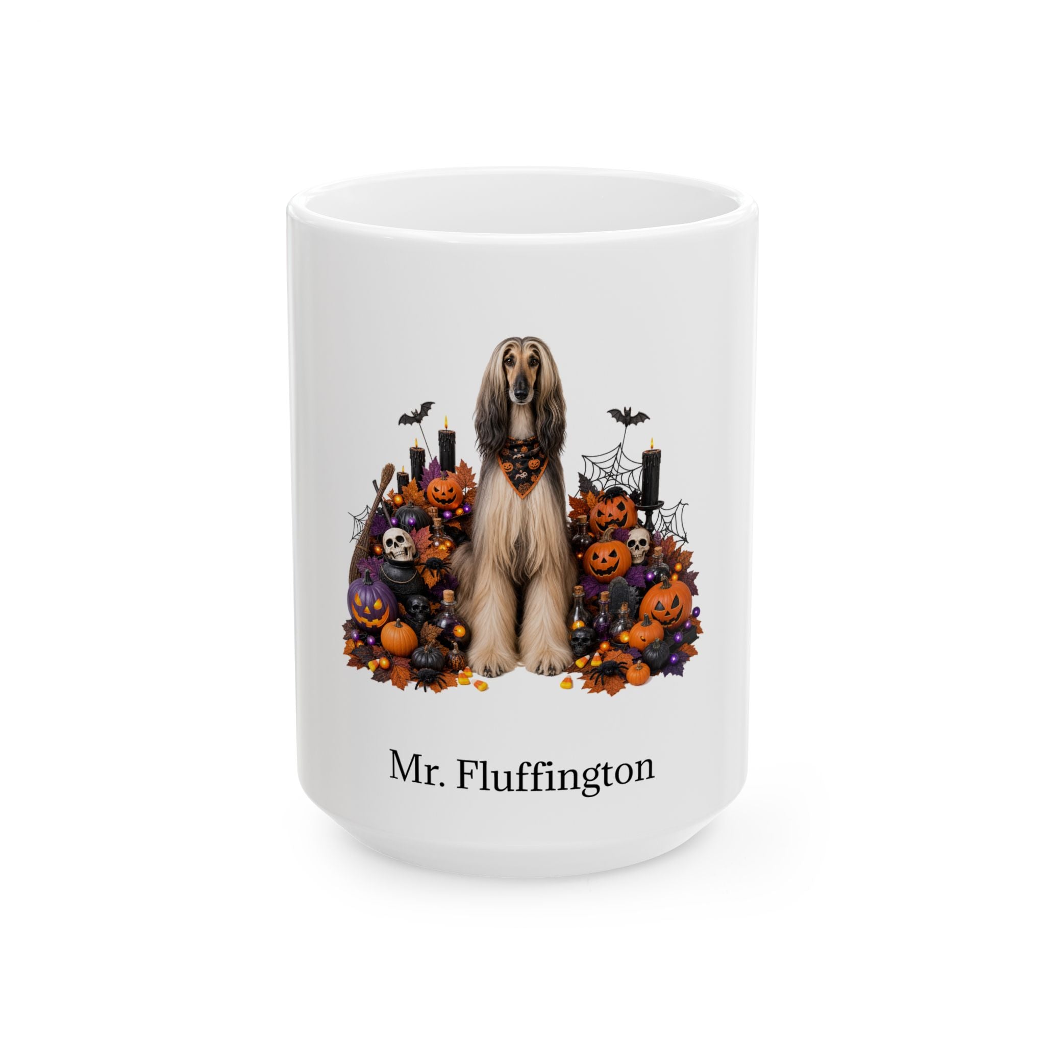 Personalized Afghan Hound dog Halloween mug, 11oz white ceramic, with custom pet name on front