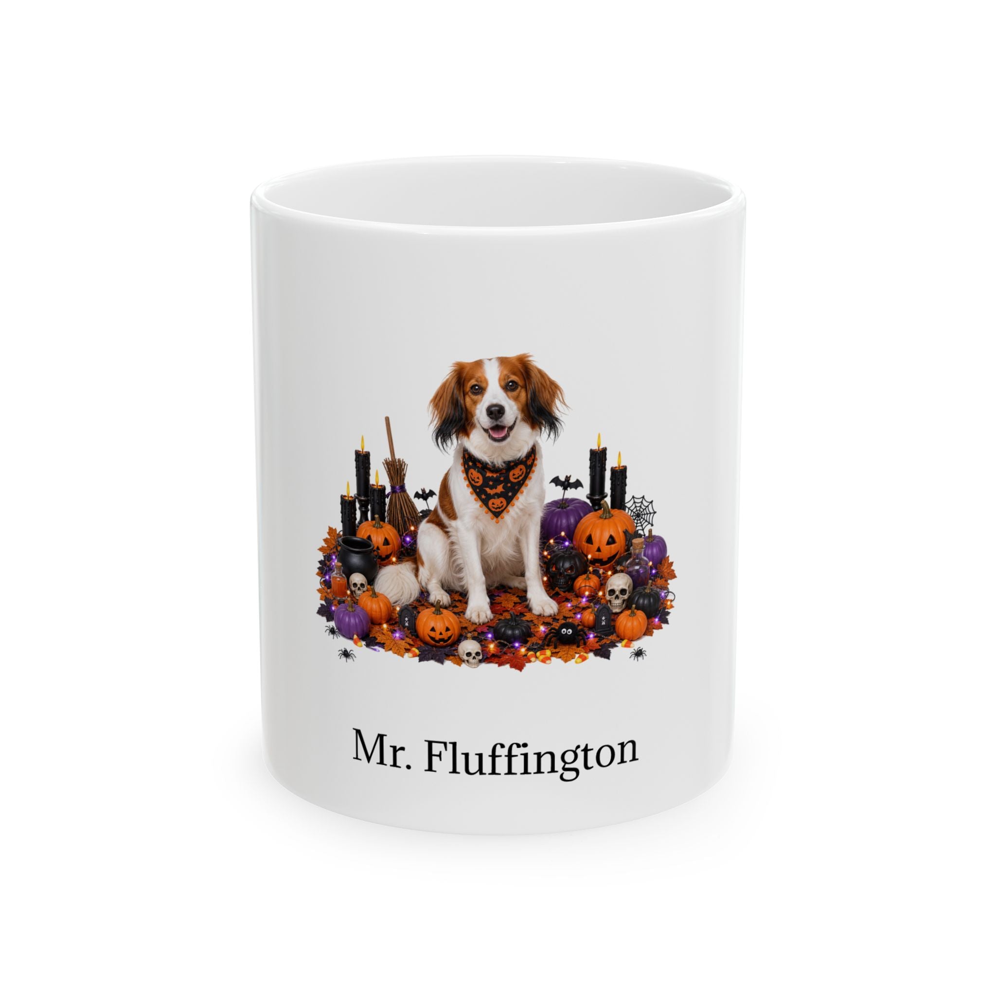 Personalized Kooikerhondje dog Halloween mug, 11oz white ceramic, with custom pet name on front