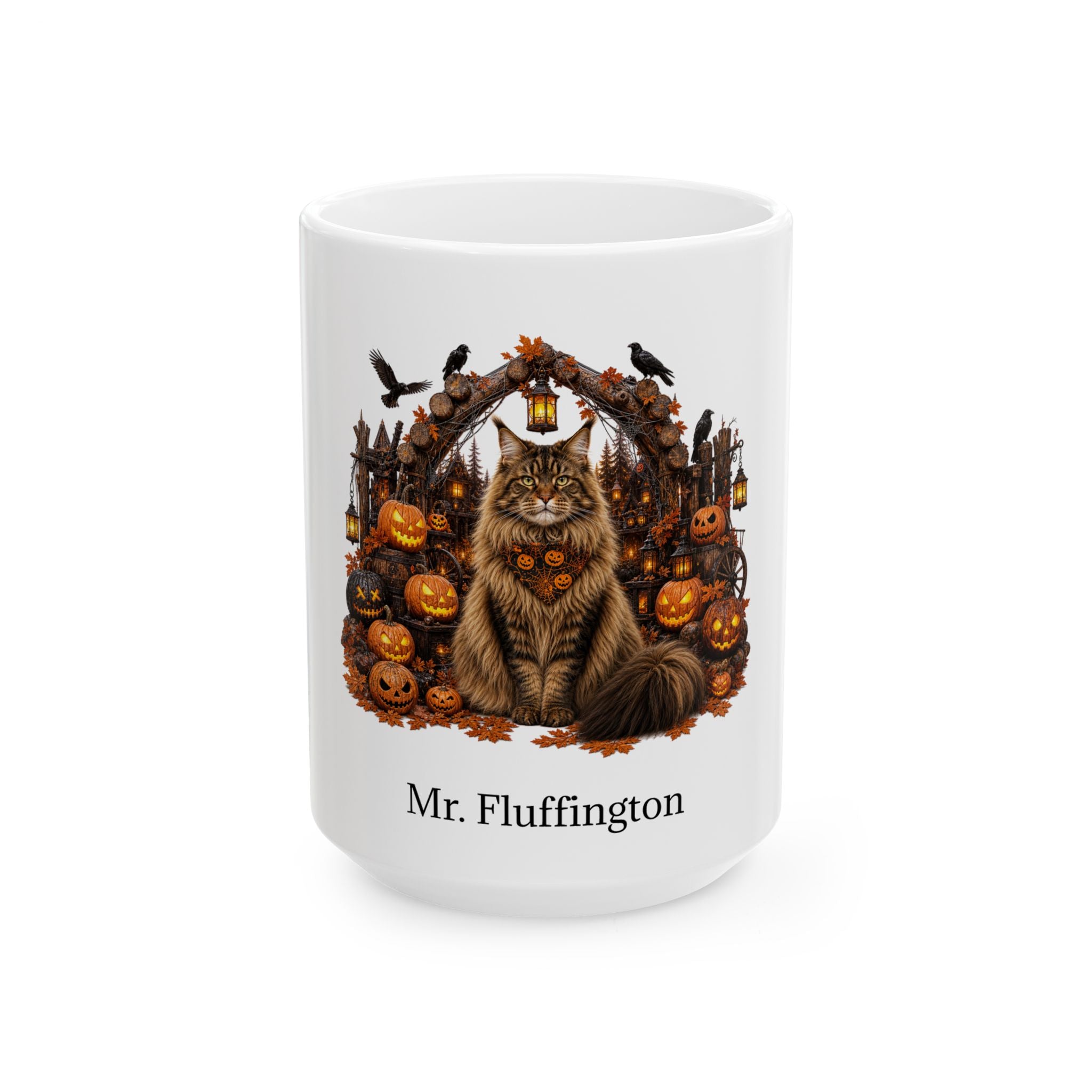 Personalized Maine Coon cat Halloween mug, 15oz white ceramic, with custom pet name on front