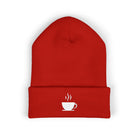 Red cuffed beanie with embroidered white steaming coffee cup.