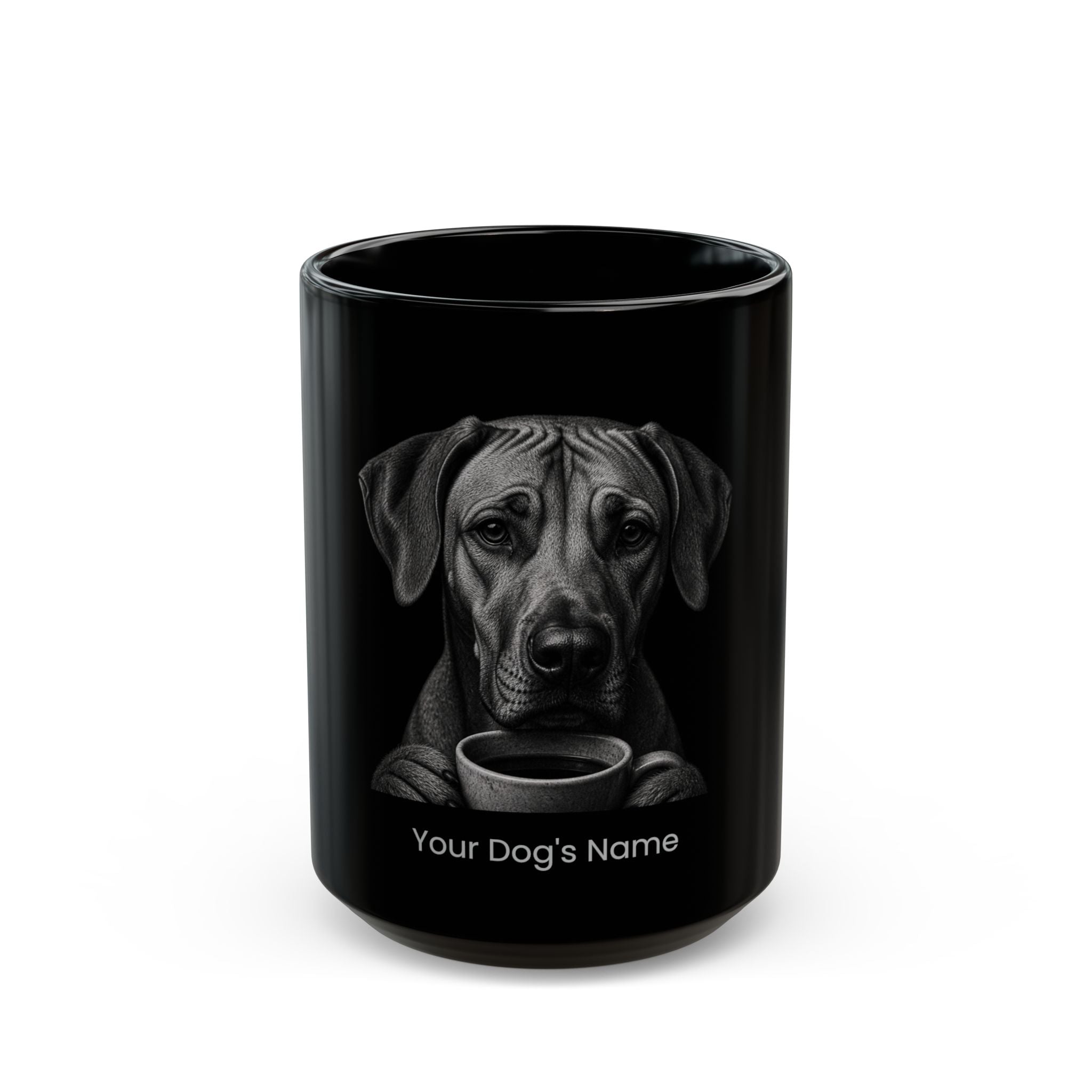 Personalized Rhodesian Ridgeback black ceramic coffee mug with custom dog name