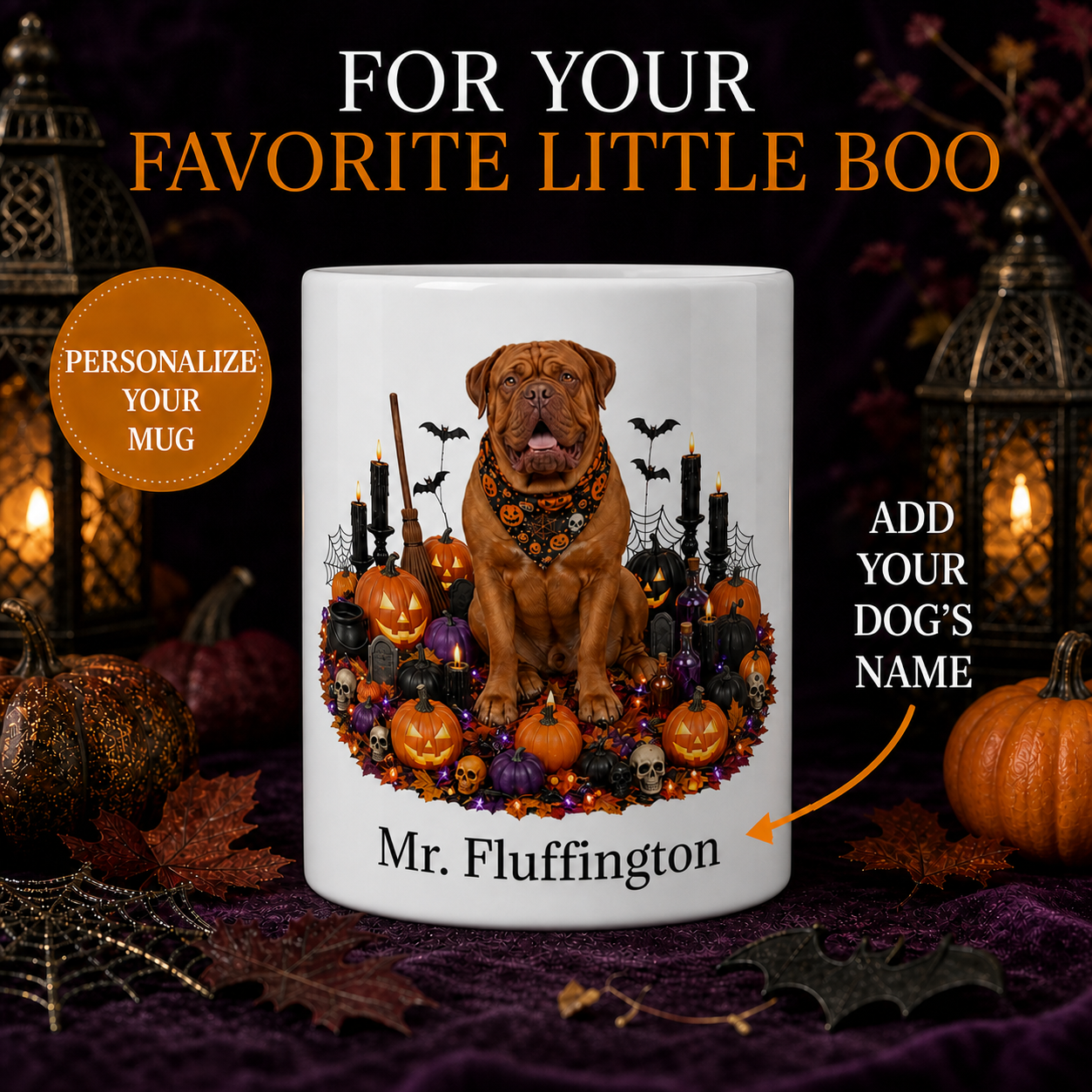 Personalized Dogue de Bordeaux Halloween Mug – Custom Dog Name Gift – front view with no handle