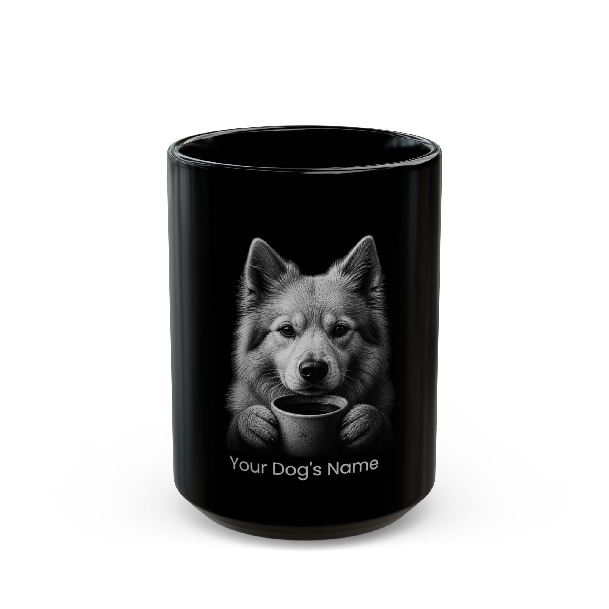 Personalized Finnish Spitz black ceramic coffee mug with custom dog name