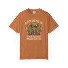 Orange unisex cotton t-shirt with a distressed graphic of an alien making peace signs with coffee.