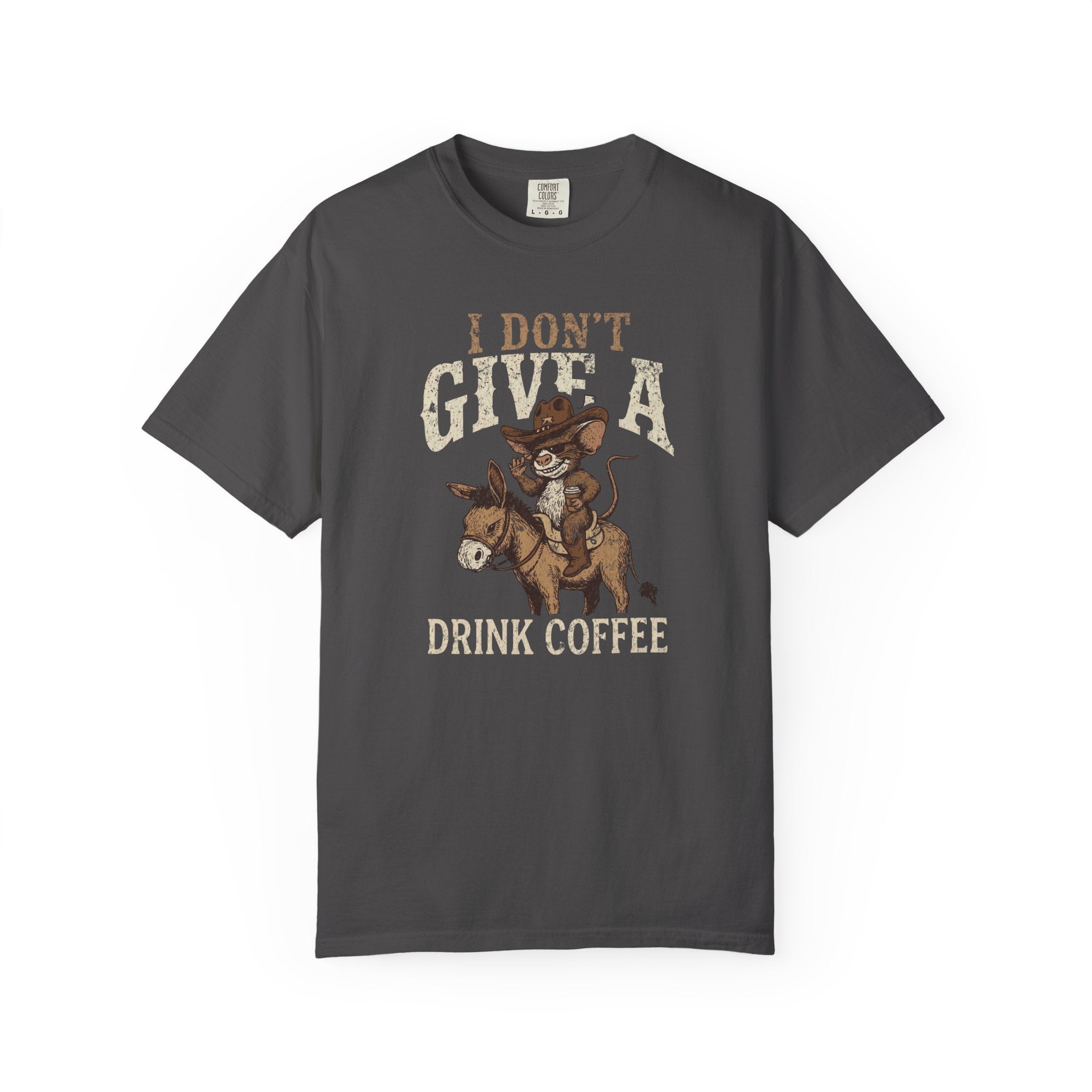 Dark gray unisex t-shirt with a distressed graphic of a rat in a cowboy hat riding a donkey.