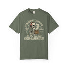 Olive green t-shirt with a distressed graphic of a skeleton wearing a bandana and holding coffee.