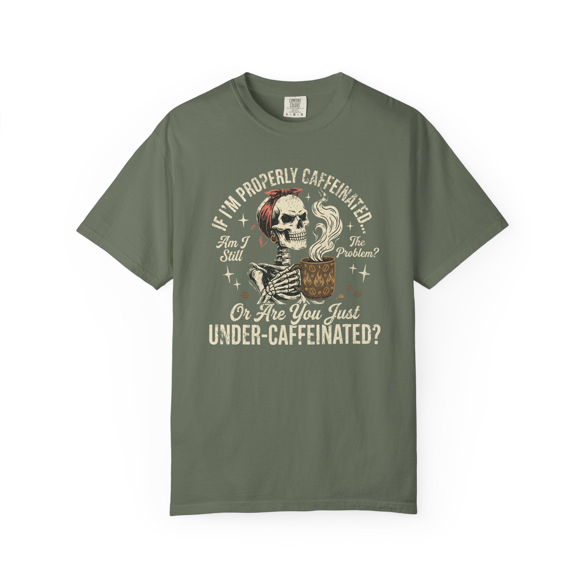 Olive green t-shirt with a distressed graphic of a skeleton wearing a bandana and holding coffee.