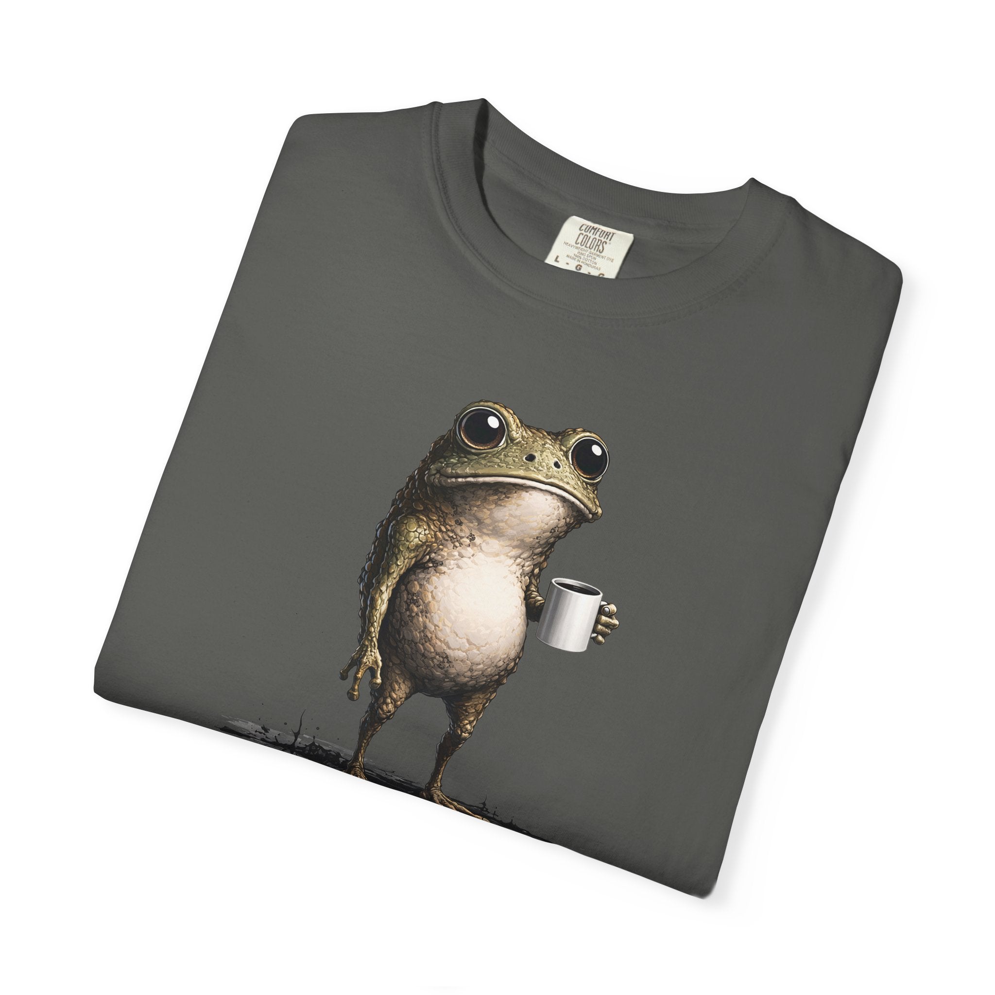 A charcoal grey t-shirt featuring a graphic of a frog holding a coffee mug.