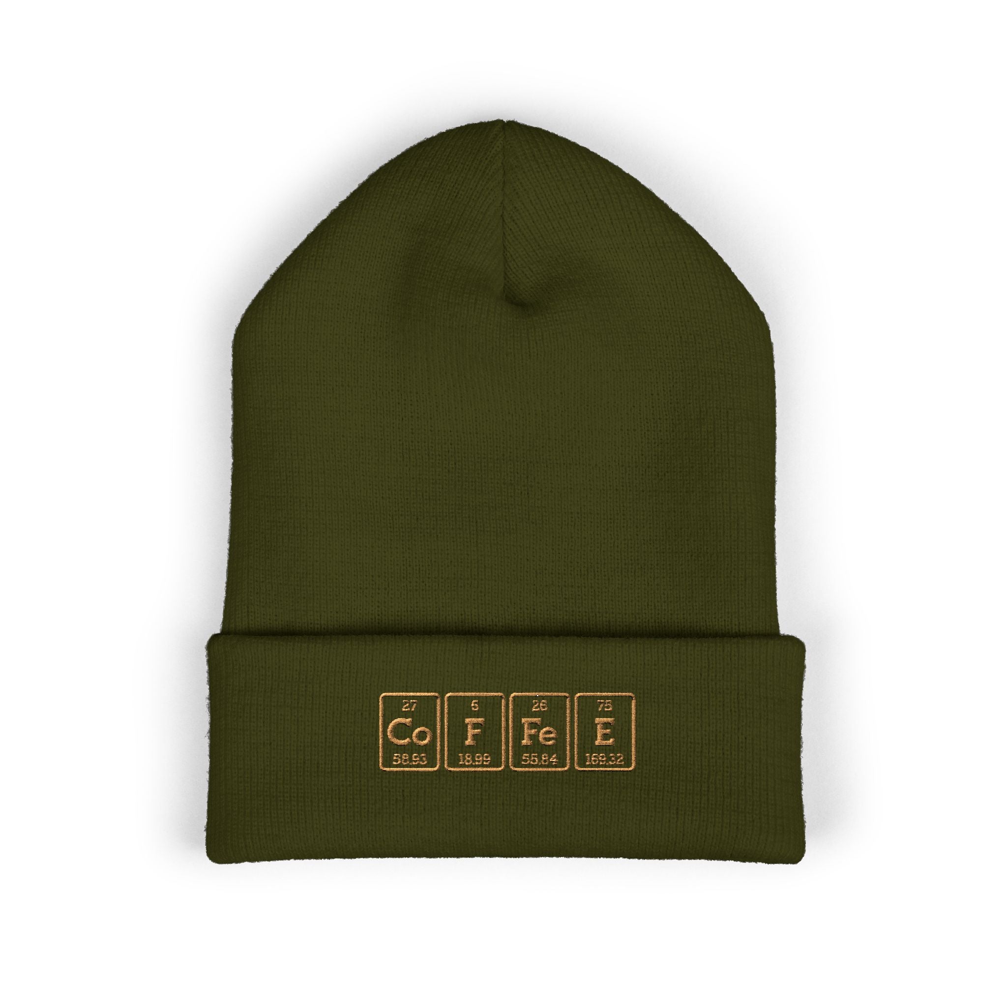 A green cuffed beanie with "COFFEE" embroidered in periodic table style.