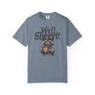 Blue t-shirt featuring a graphic of a raccoon wearing a cowboy hat and bandana, holding a mug.