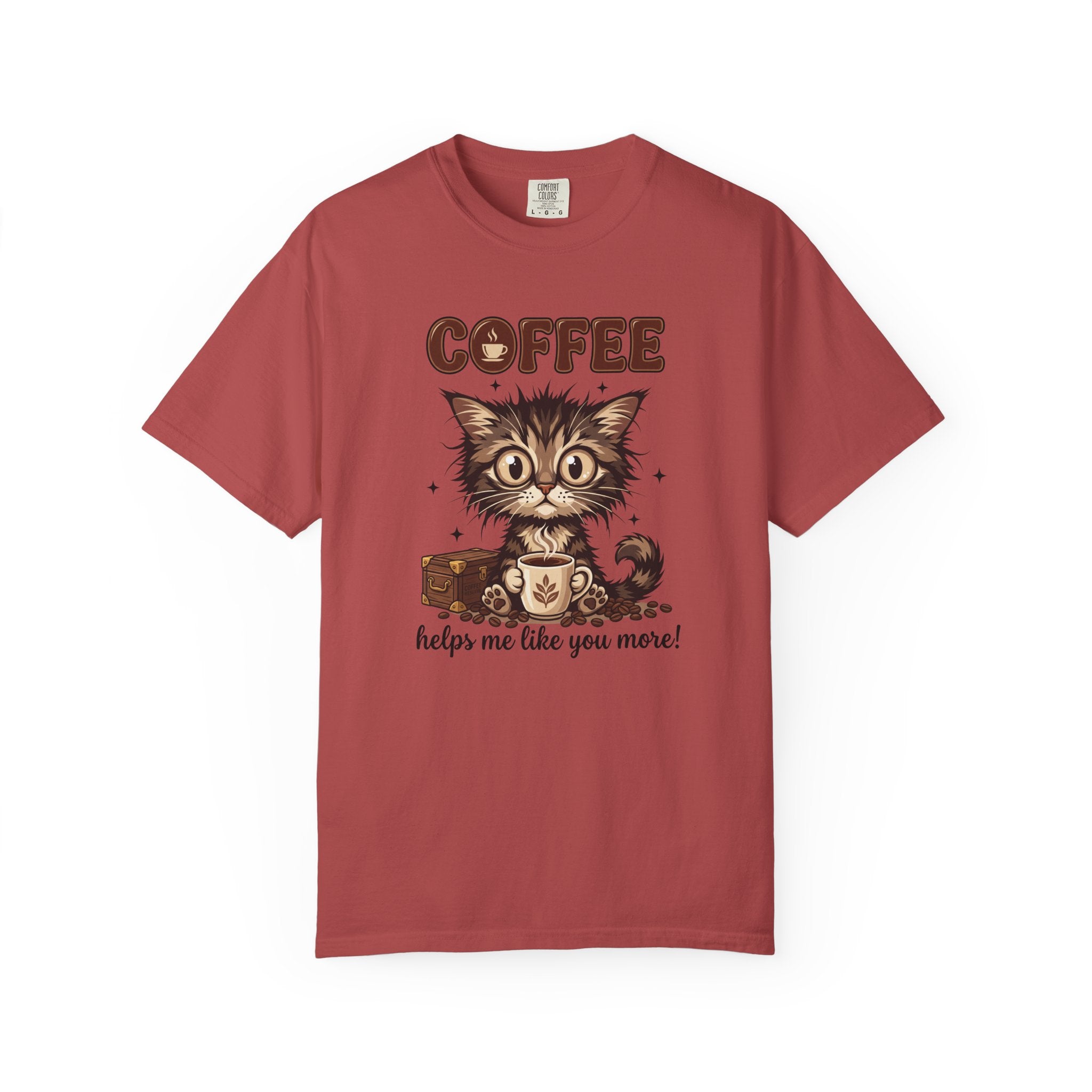 Red unisex cotton t-shirt featuring a graphic of a kitten holding a coffee mug.