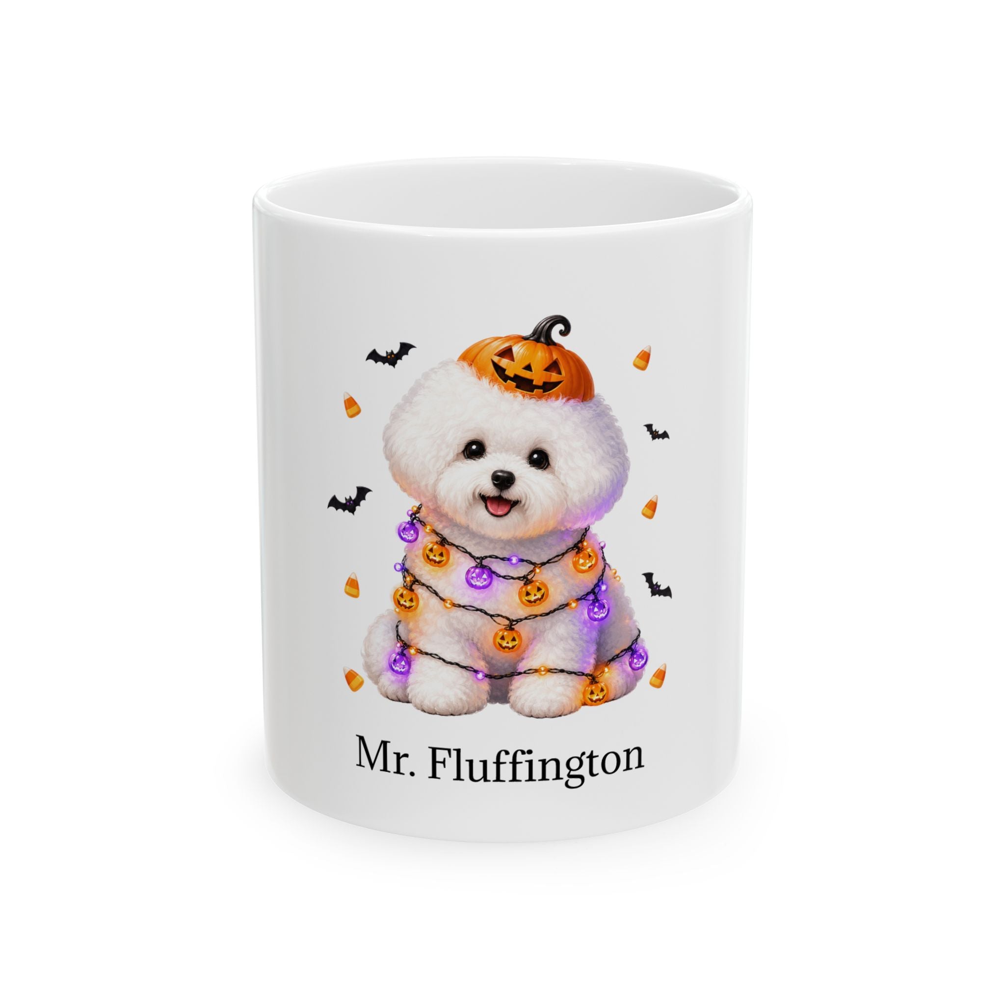 White Bichon Frise Hund dog Halloween mug with custom pet name and spooky fall artwork — image 1