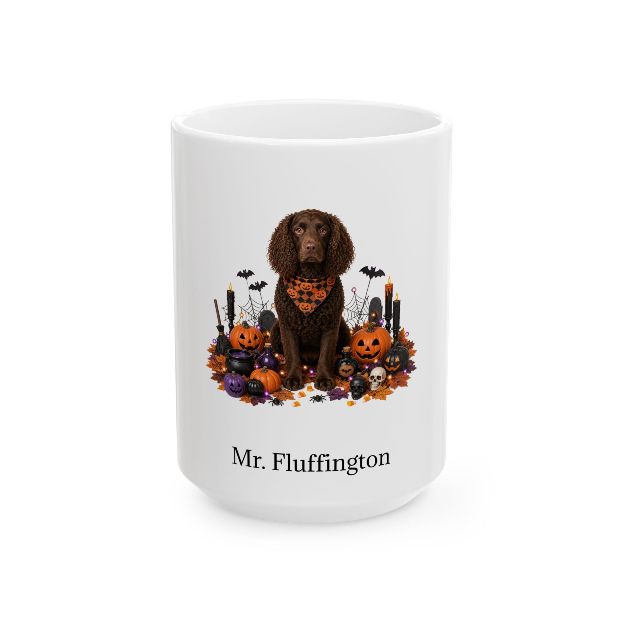 Personalized American Water Spaniel dog Halloween mug, 11oz white ceramic, with custom pet name on front
