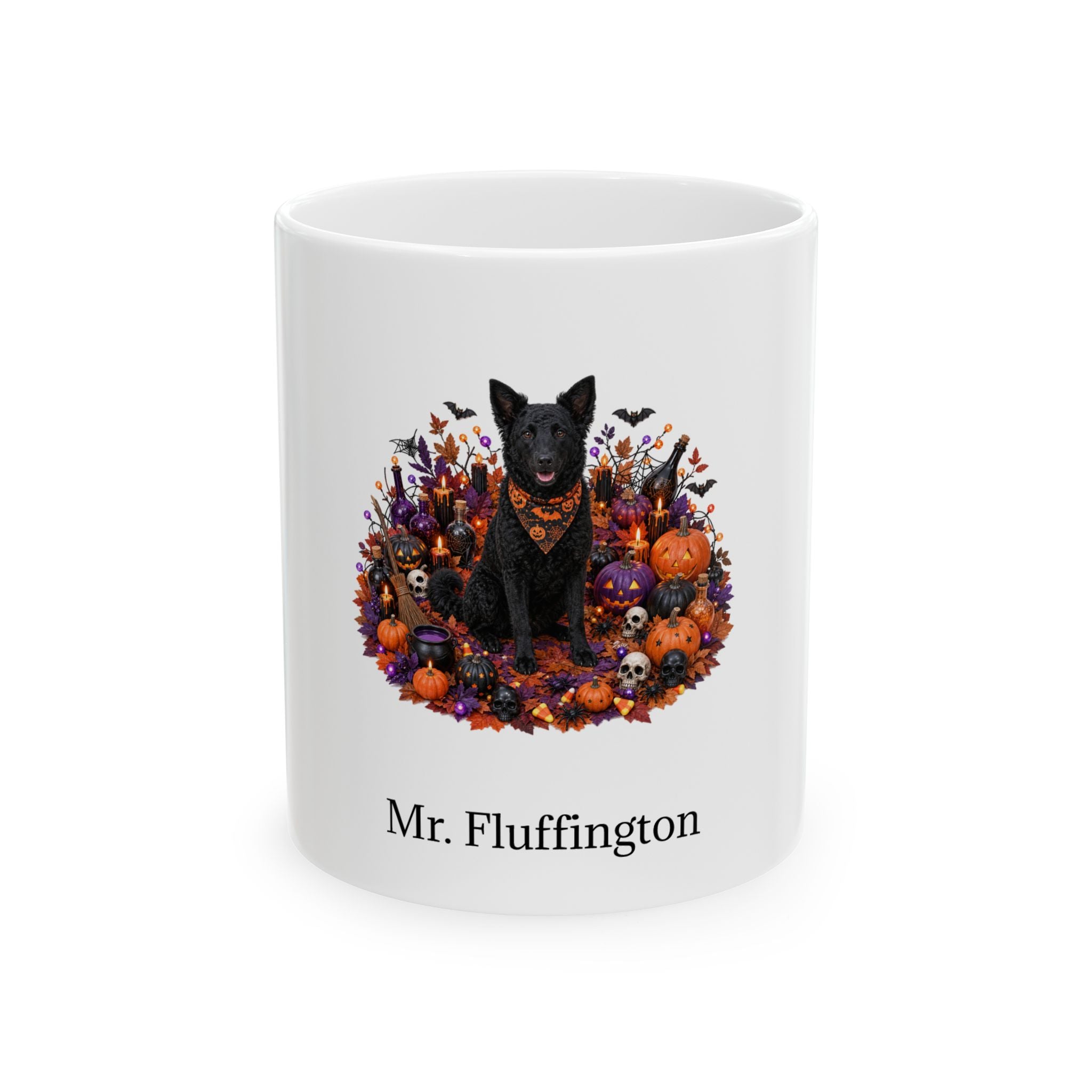 Personalized Croatian Sheepdog Halloween mug, 15oz white ceramic, with custom pet name on front